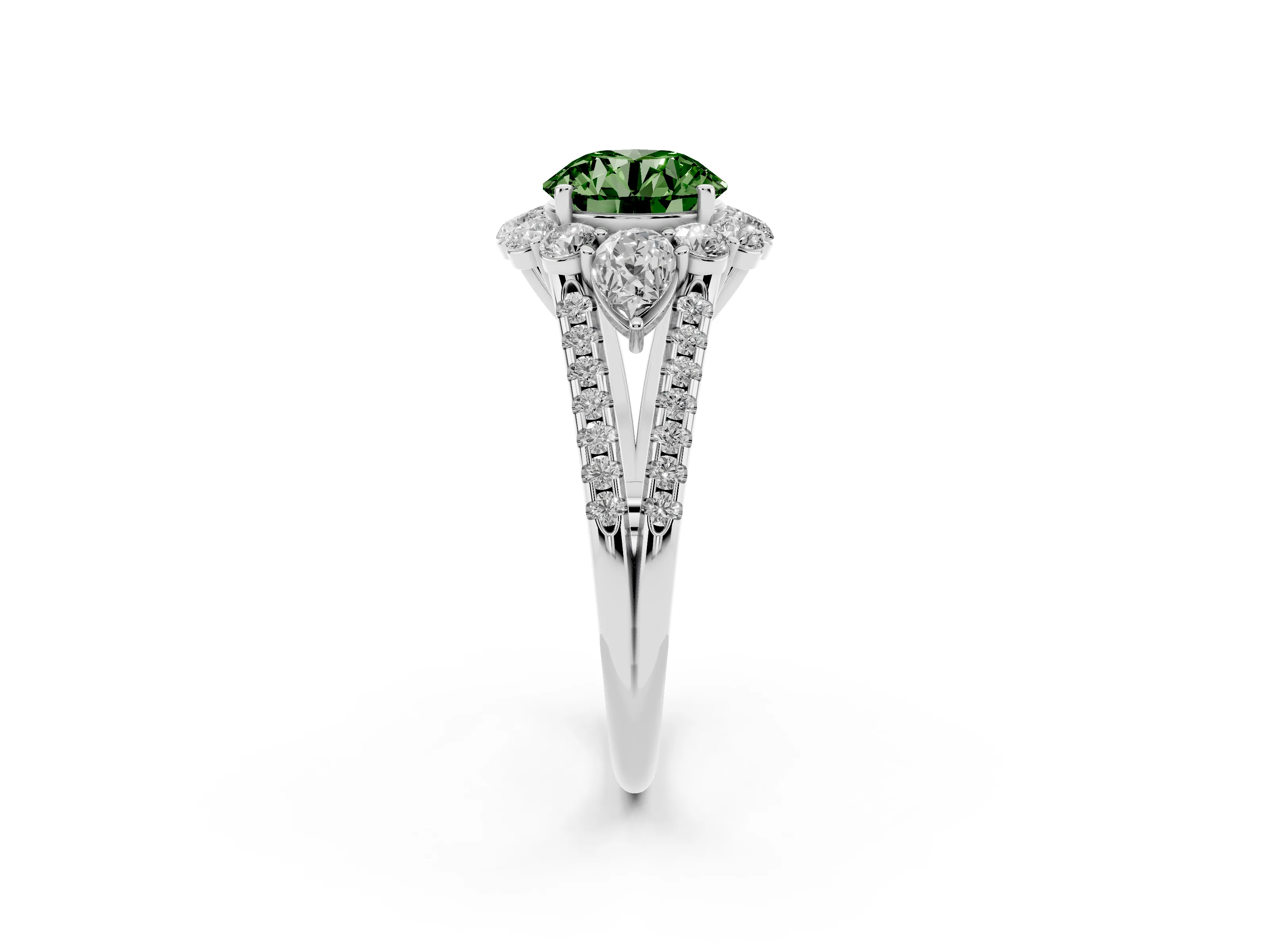 Fancy Green Round Cut Diamond Halo Split Shank Engagement Ring Set in Platinum with Prong-Held Center Stone
