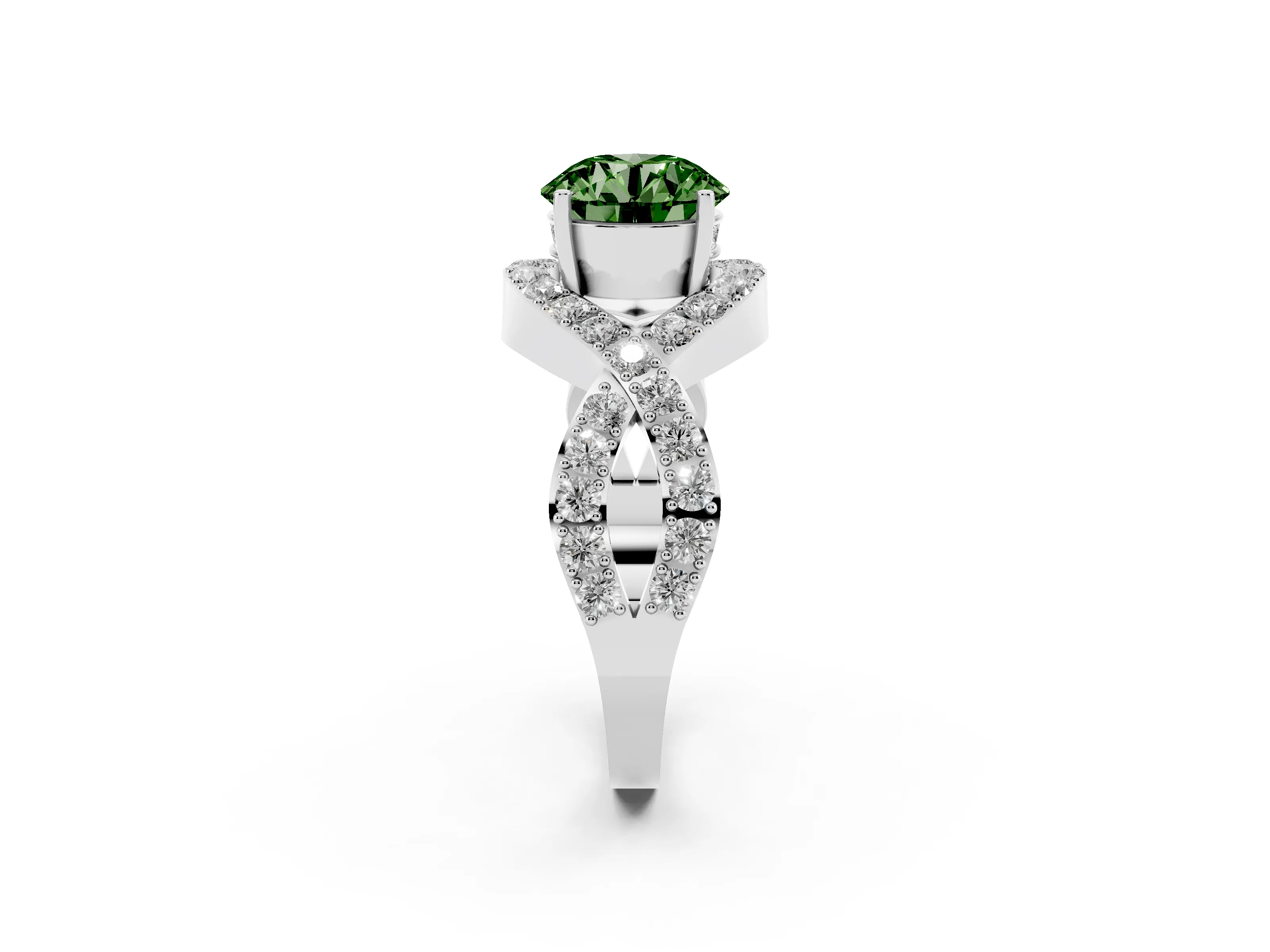 Fancy Green Round Cut Diamond Solitaire Twist Band Pavé Engagement Ring Set in White gold
