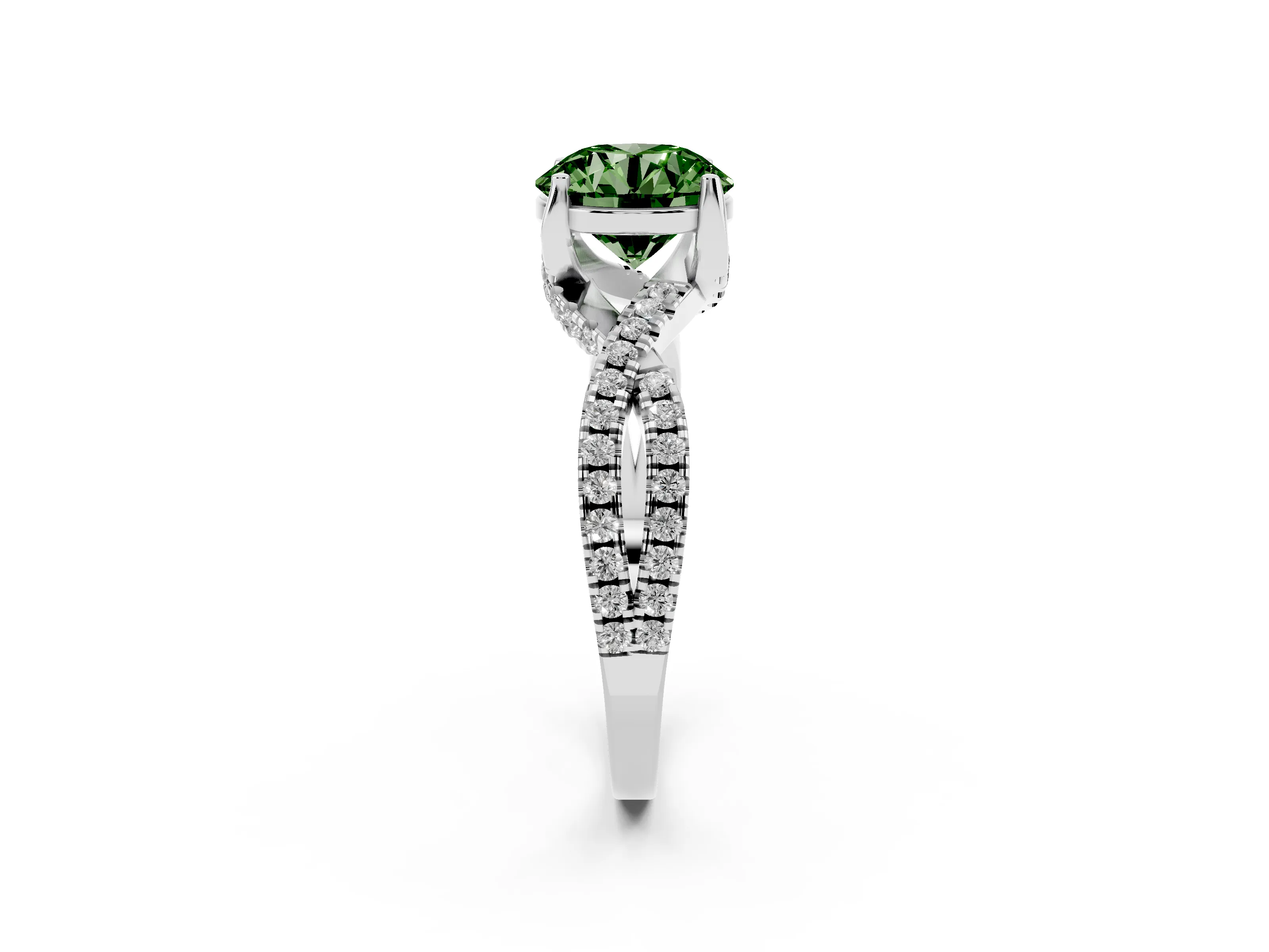 Fancy Green Round Cut Diamond Twist Pavé Solitaire Engagement Ring Set in Silver with Prong Setting