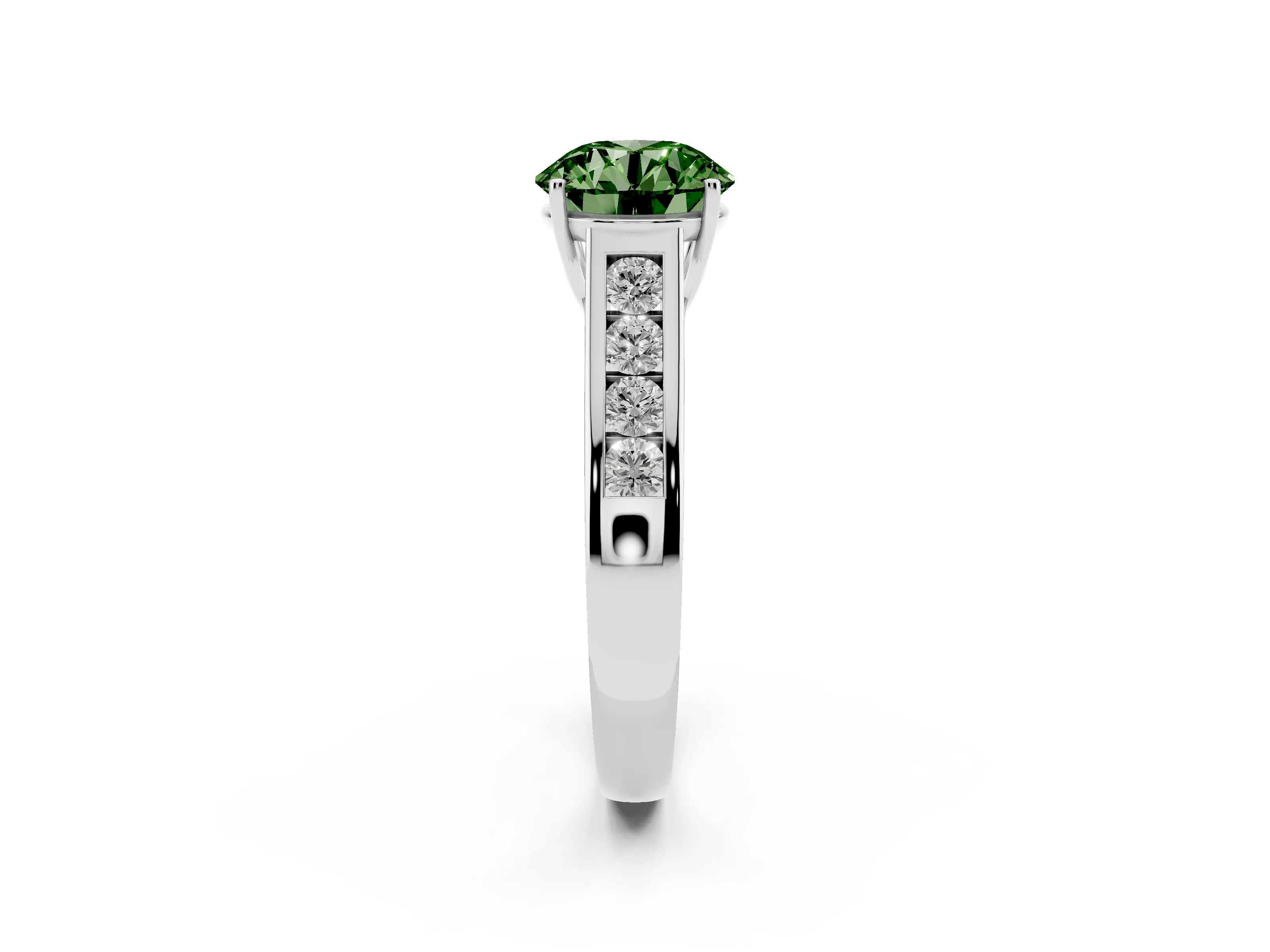 Fancy Green Round Cut Diamond Solitaire Channel-Set Engagement Ring Set in Silver with Prong Setting