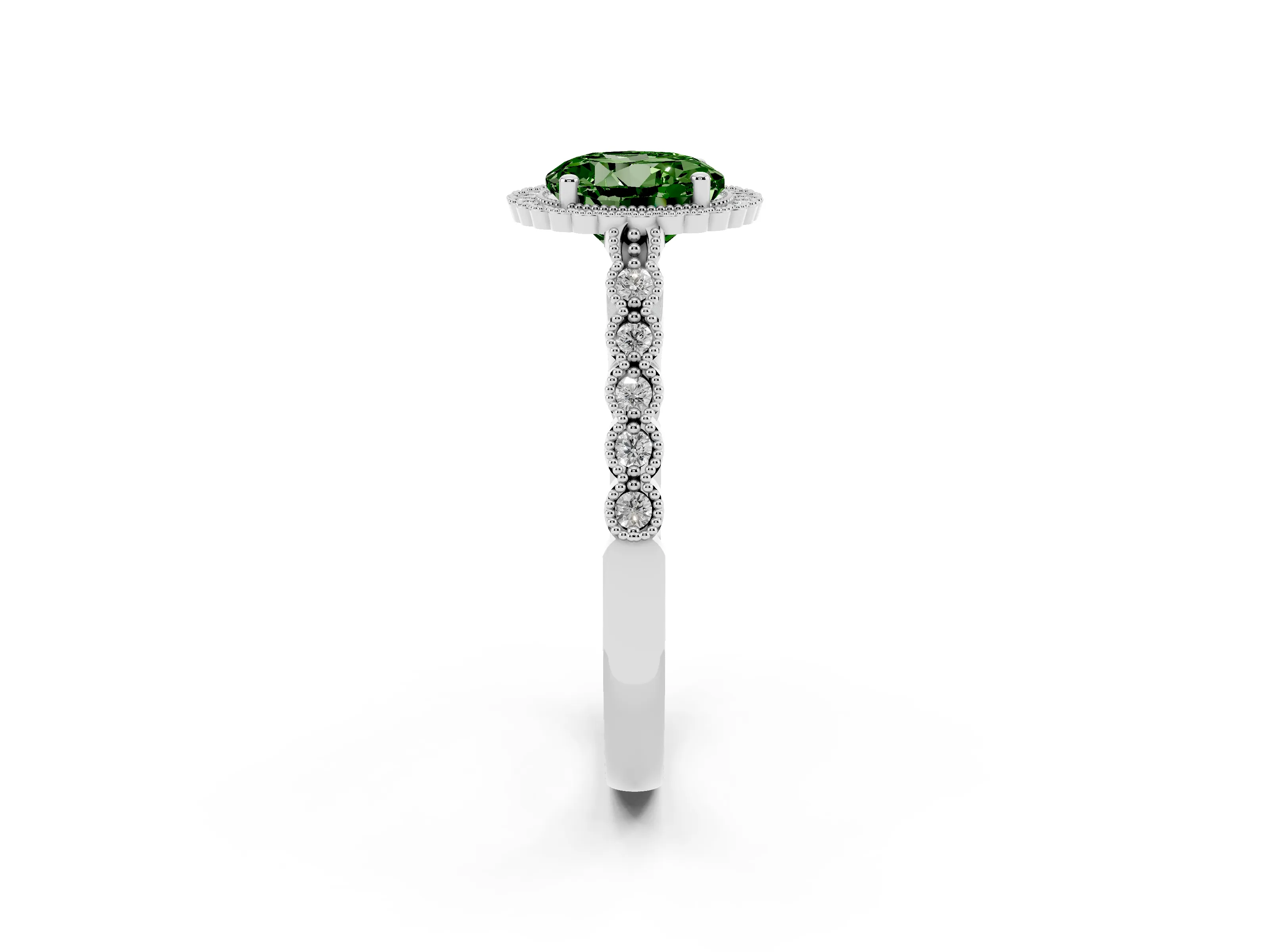 Fancy Green Round Cut Diamond Halo Ring Set in Platinum with Pavé Milgrain Band