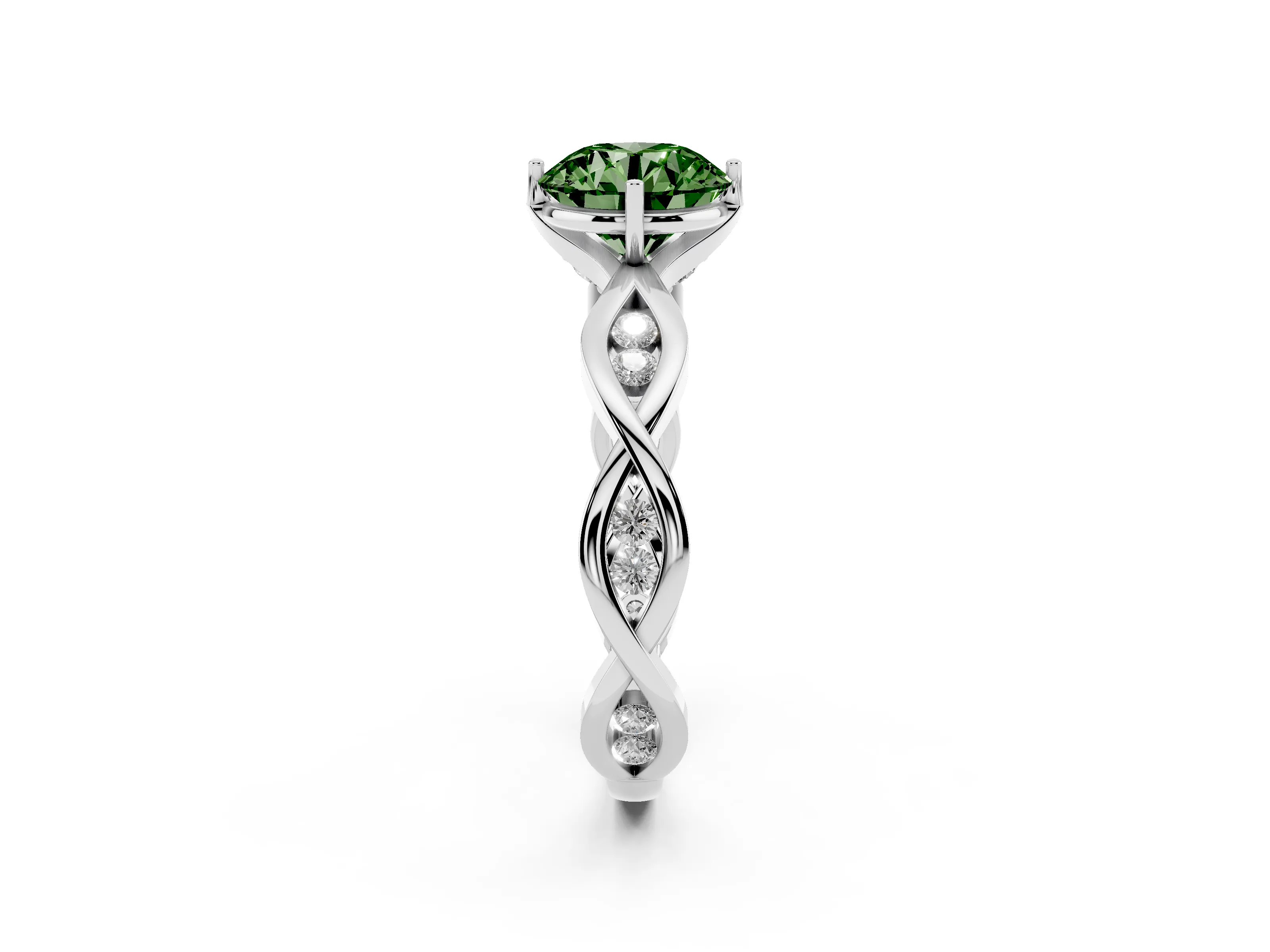 Fancy Green Round Cut Diamond Twist Band Solitaire Ring Set in Silver with Leaf Prong Setting and Accent Stones