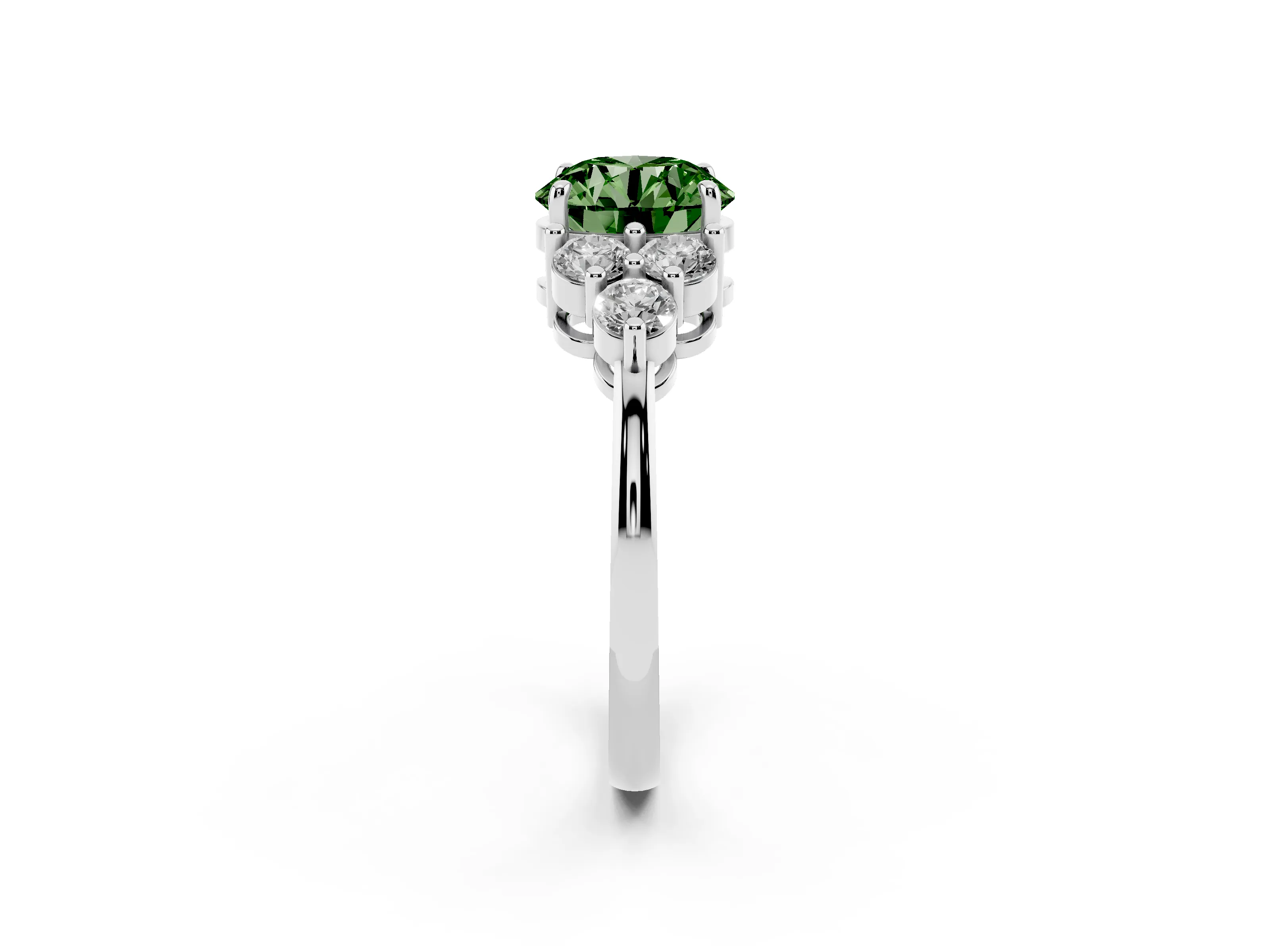 Fancy Green Round Cut Diamond Solitaire Ring Set in Silver with Cluster Accents on Each Side