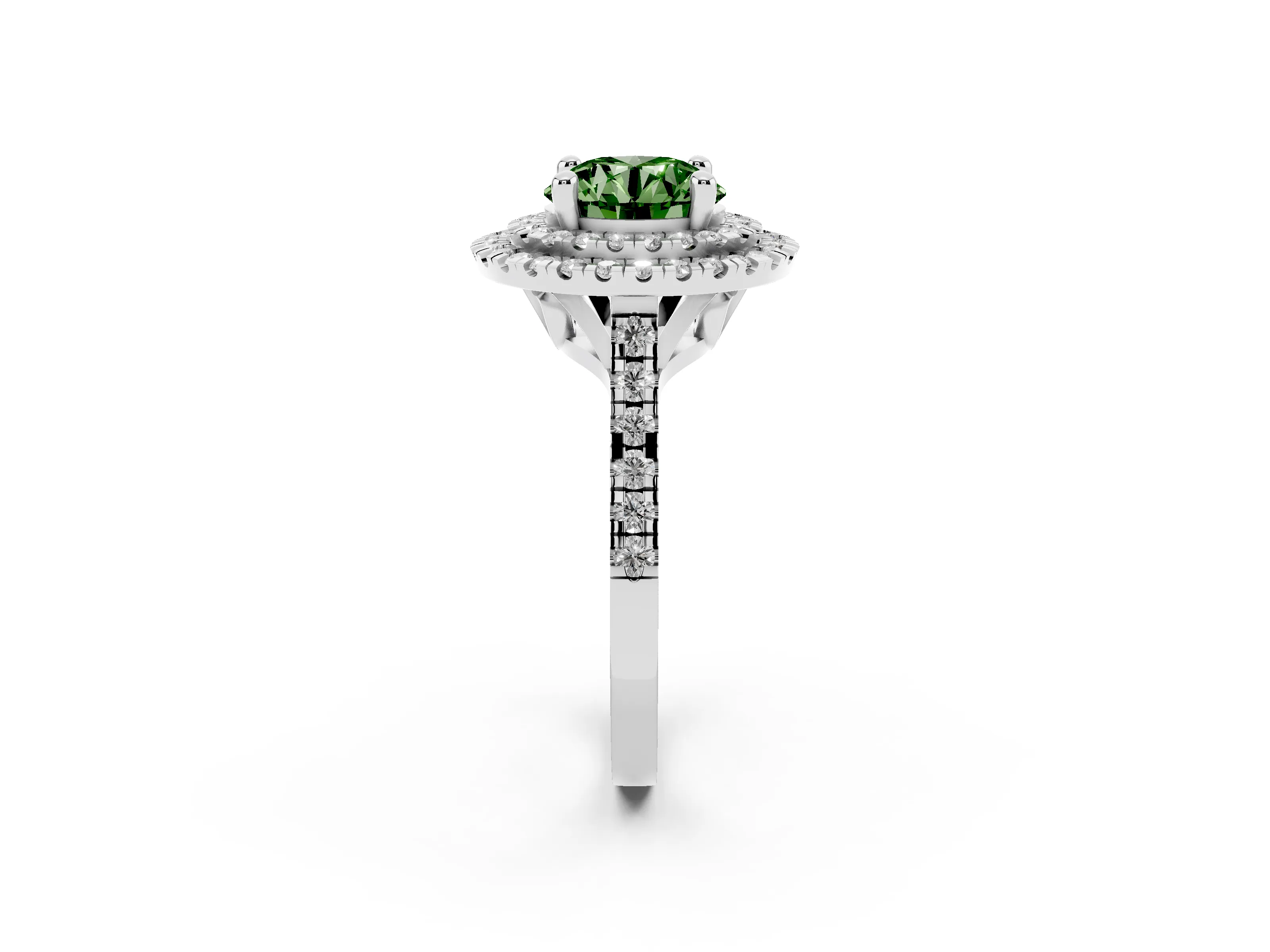 Fancy Green Round Cut Diamond Double Halo Statement Ring Set in Silver with Pavé Band