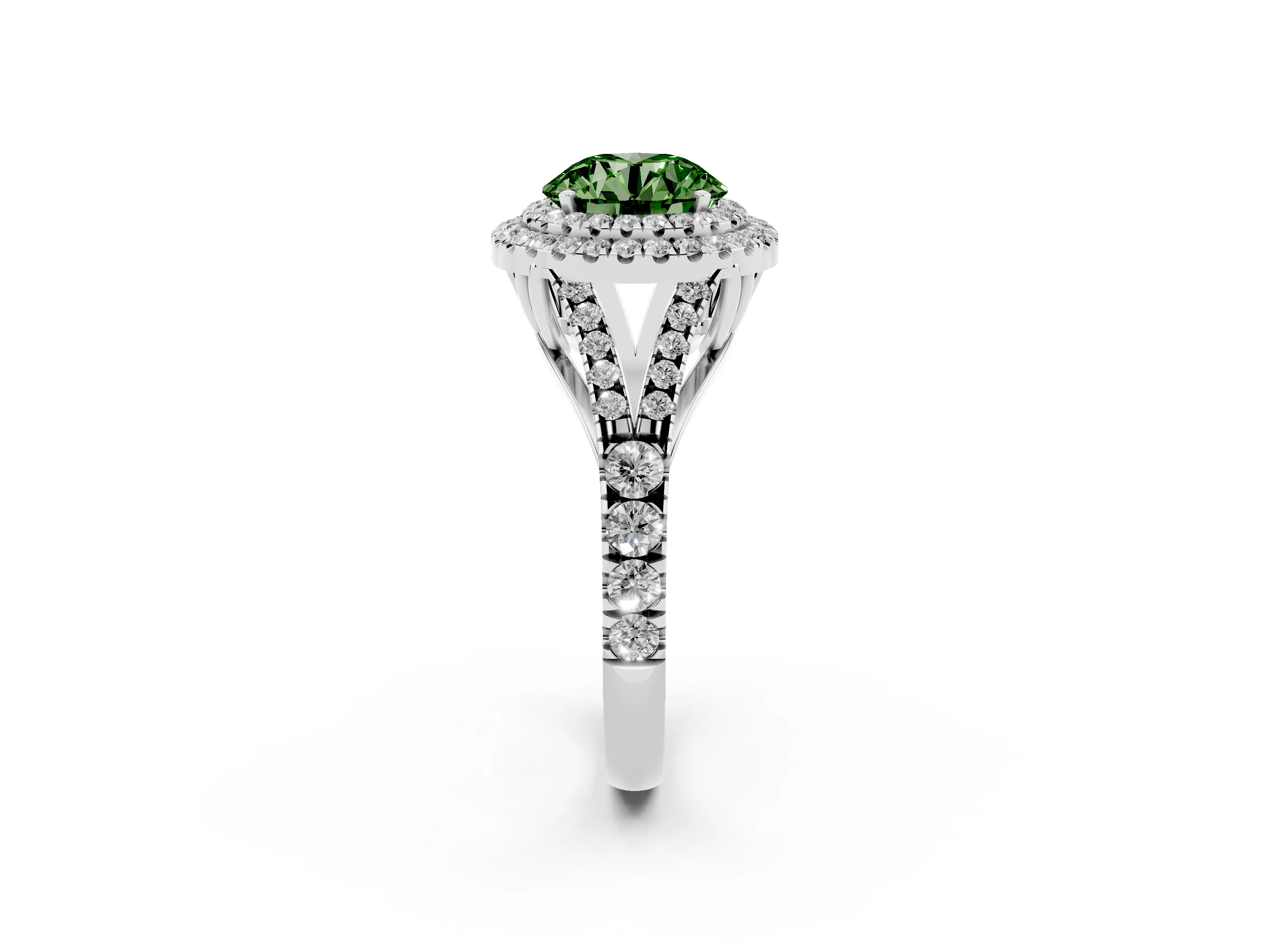Fancy Green Round Cut Diamond Pavé Split Shank Double Halo Engagement Ring Set in Platinum