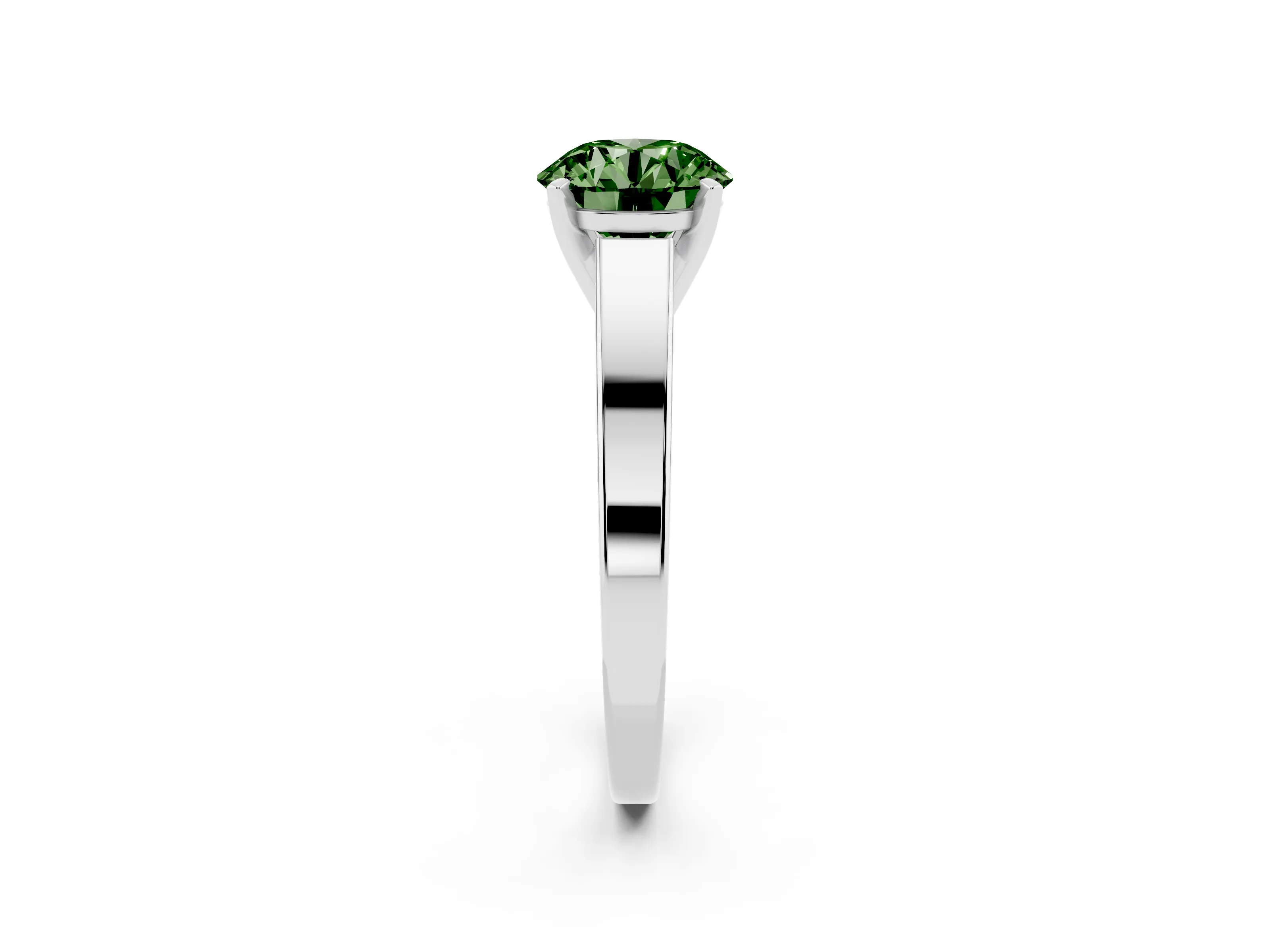 Fancy Green Round Cut Diamond Solitaire Engagement Ring Set in White gold with Prong Setting and Tapered Band