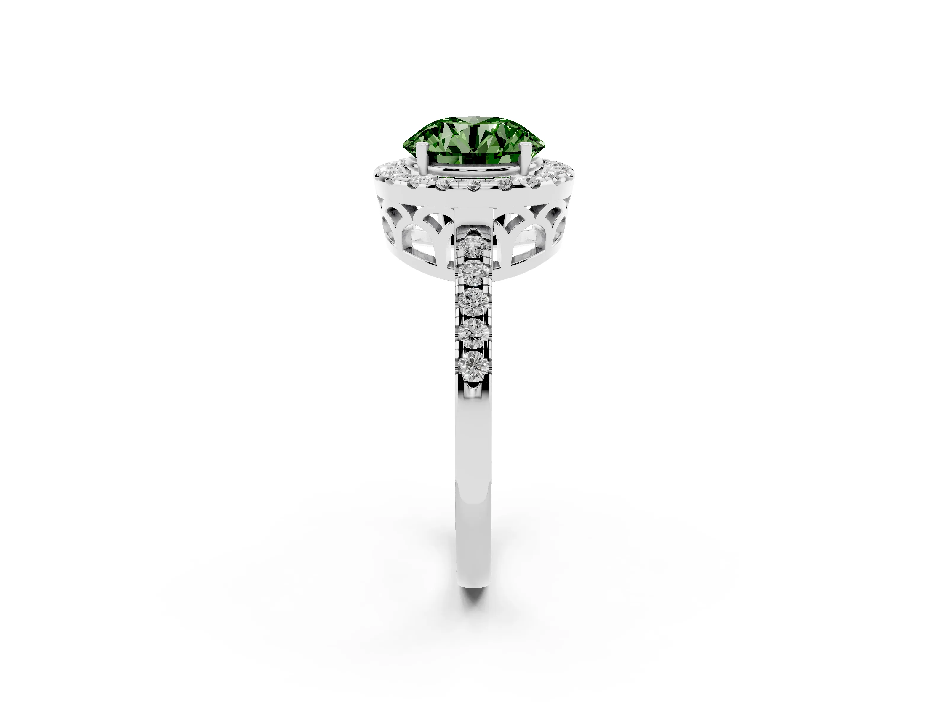 Fancy Green Round Cut Diamond Pavé Band Halo Engagement Ring Set in Platinum with Prong Setting