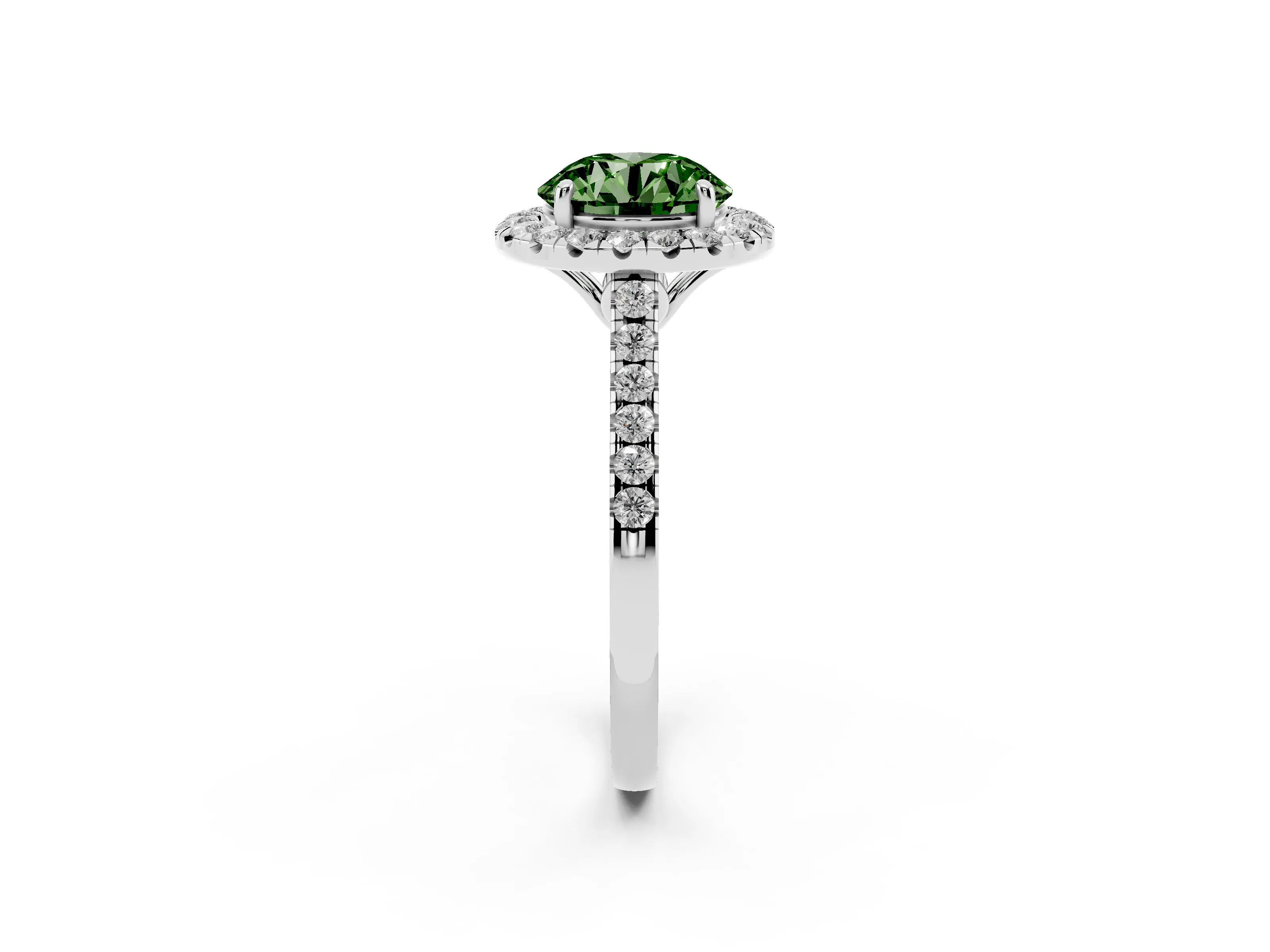 Fancy Green Round Cut Diamond Pavé Halo Engagement Ring Set in Platinum with Pavé Band and Prong Setting