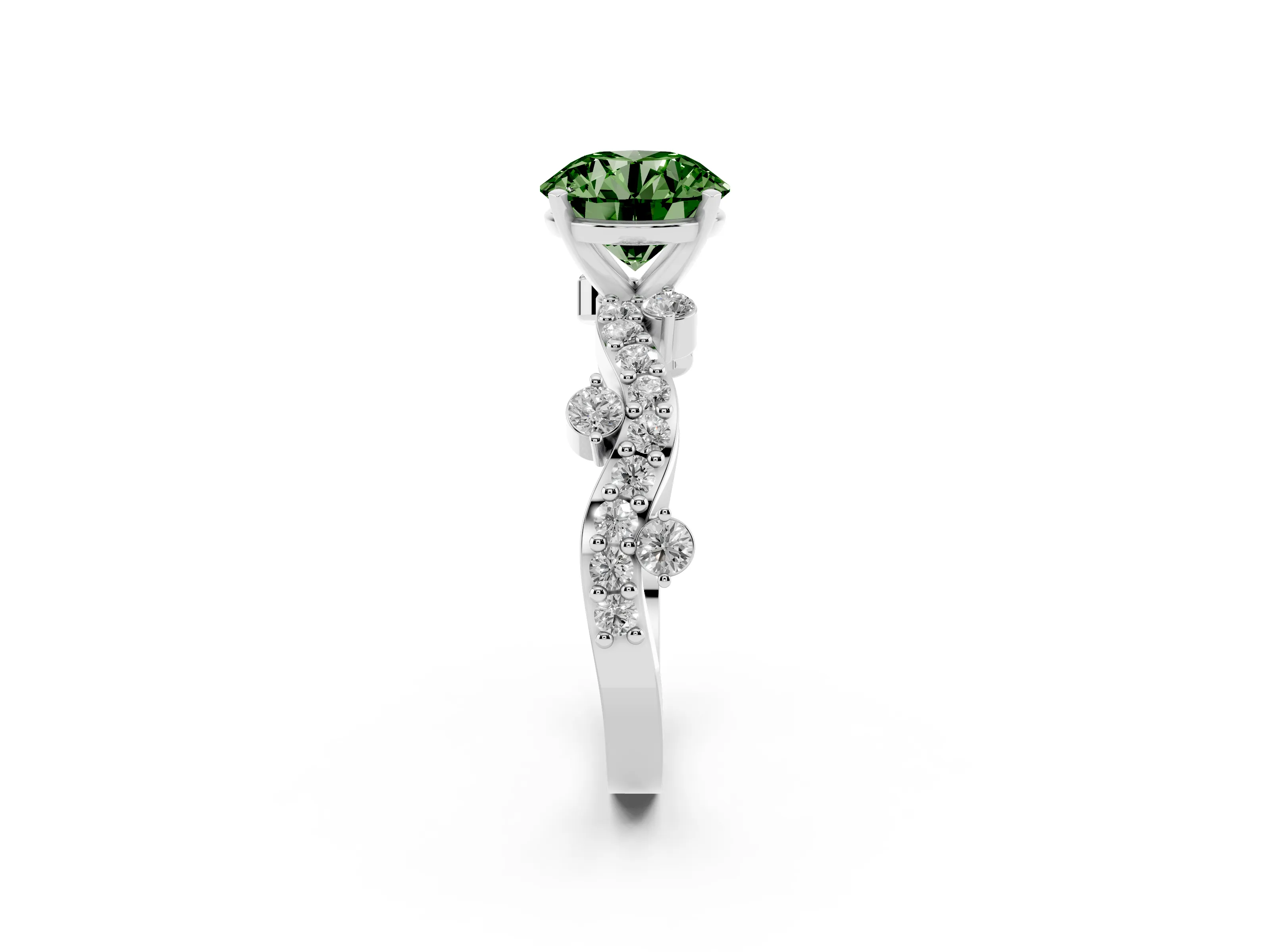 Fancy Green Round Cut Diamond Solitaire Twisted Band Set in Silver with Pavé Setting