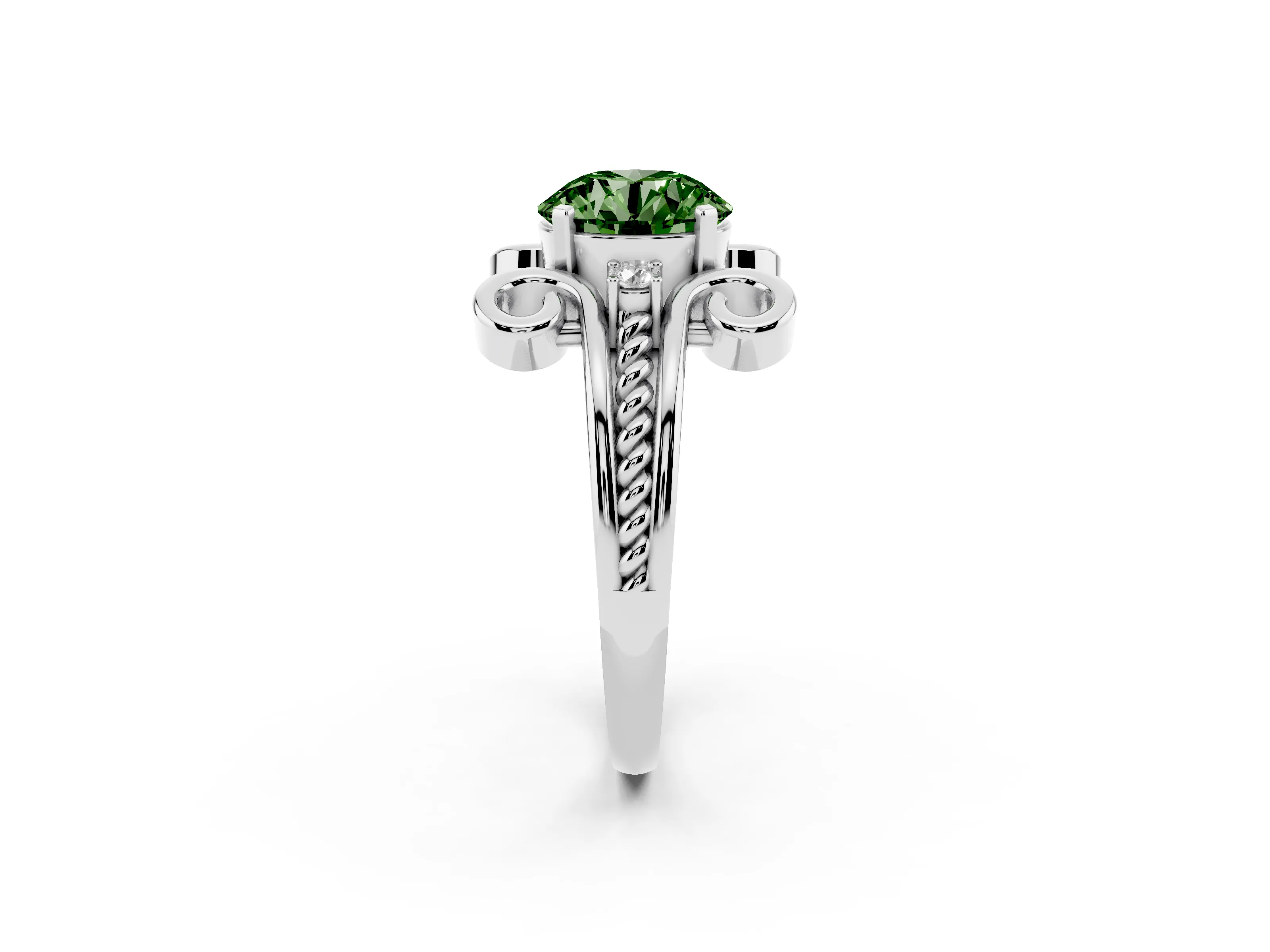Fancy Green Round Cut Diamond Twisted Band Solitaire Ring Set in Platinum with Scroll Prongs