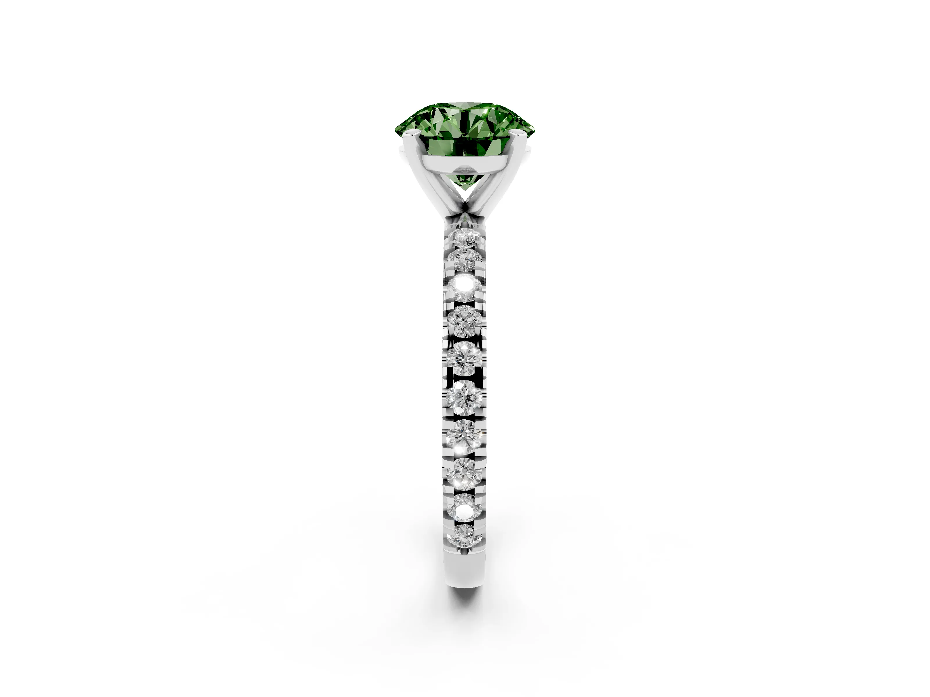 Fancy Green Round Cut Diamond Pavé Band Solitaire Set in Silver with Prong Setting