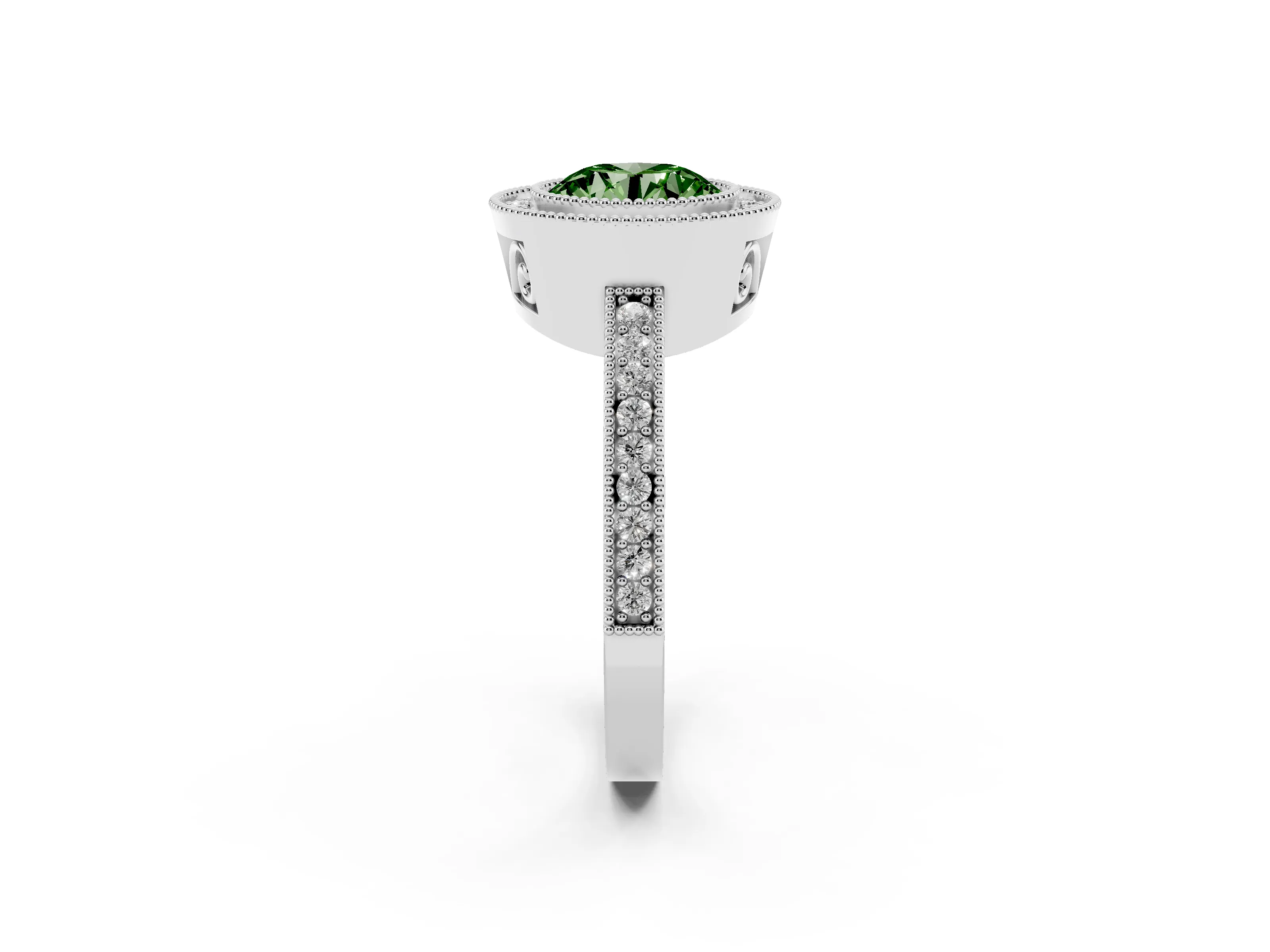 Fancy Green Round Cut Diamond Round Halo Ring Set in White gold with Pavé Band