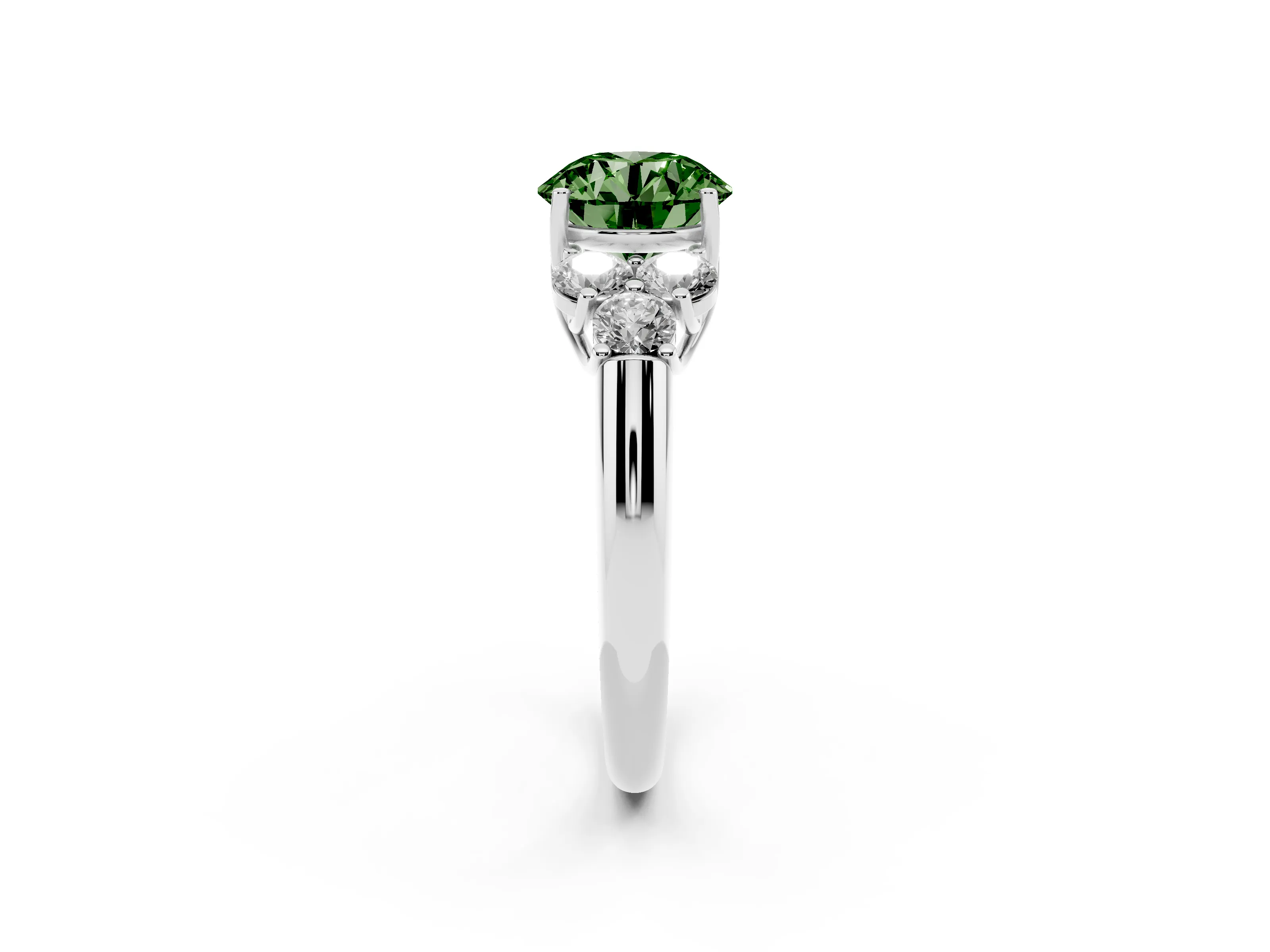Fancy Green Round Cut Diamond Cluster Ring Set in Platinum with Round Accent Stones and Prong Setting on a Plain Band