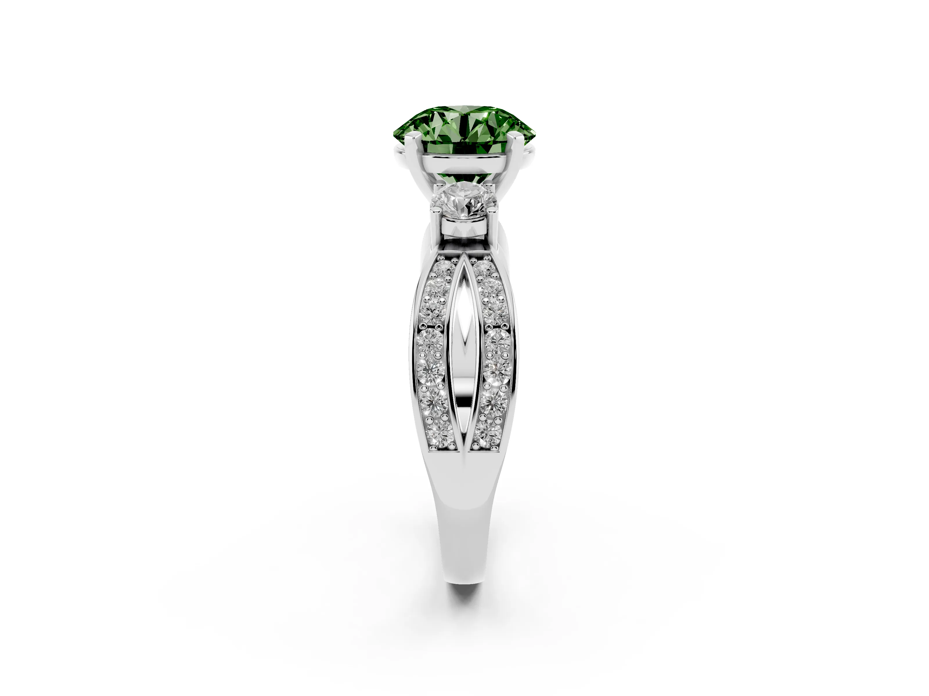 Fancy Green Three-Stone Round Cut Diamond Twist Band Ring Set in Silver with Pavé Accents and Prong Setting