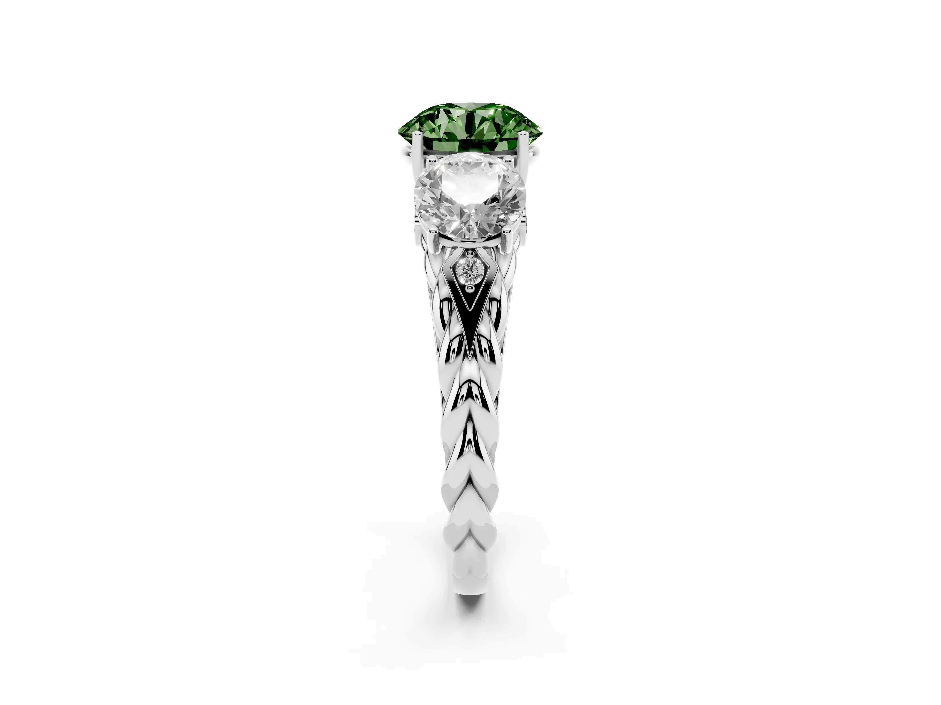 Fancy Green Round Cut Diamond Three-Stone Ring Set in Silver with Braided Band
