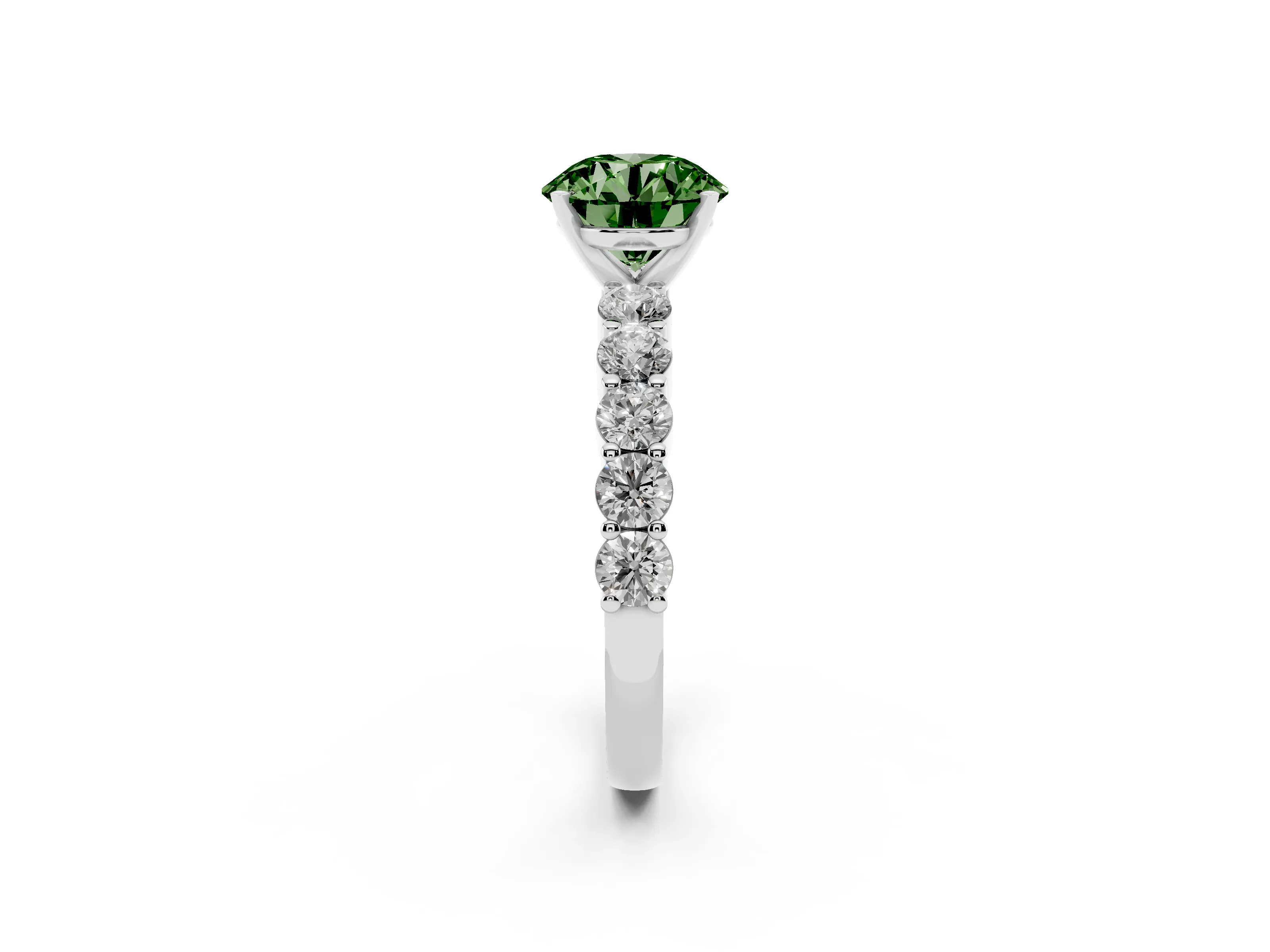 Fancy Green Round Cut Diamond Solitaire Ring Set in Silver with Shared Prong Round Side Stones