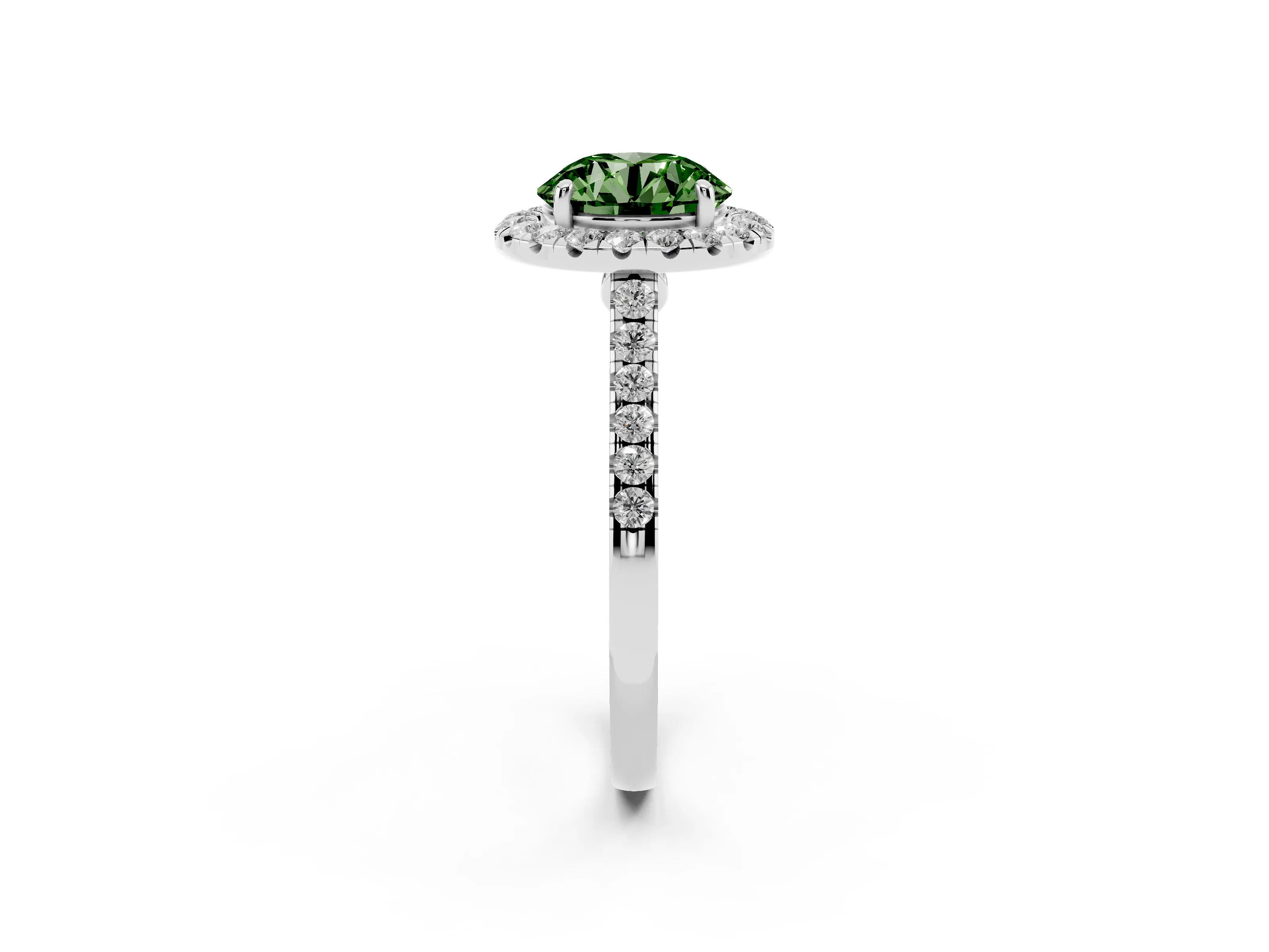 Fancy Green Round Cut Diamond Halo Pavé Engagement Ring Set in White gold with Prong Setting