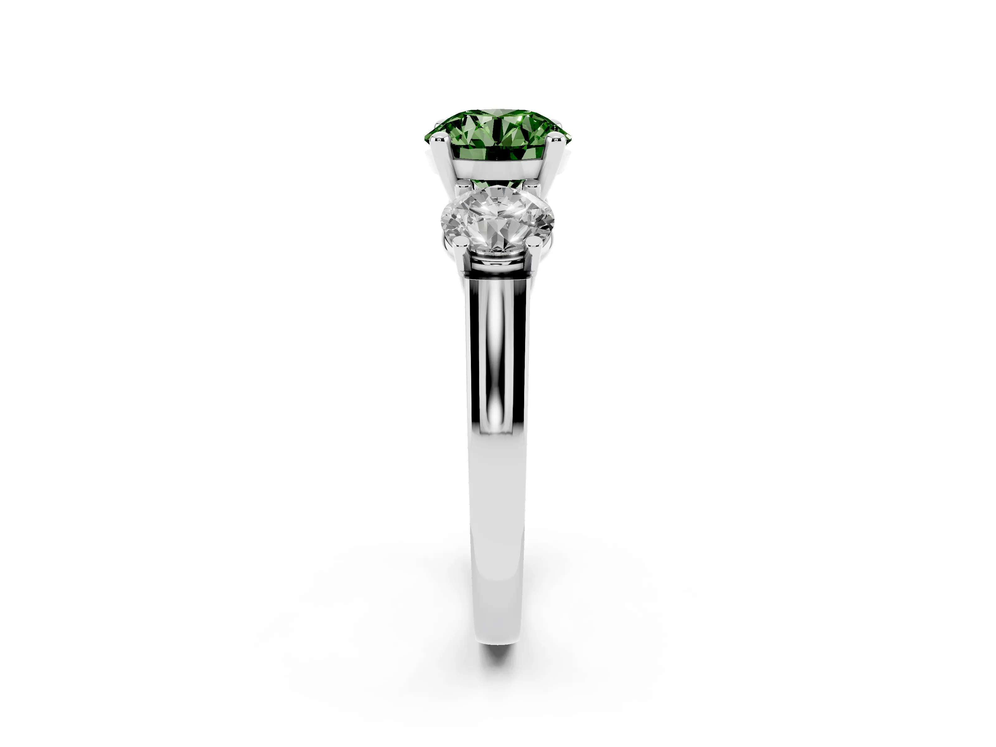Fancy Green Round Cut Diamond Three-Stone Trellis Ring Set in Platinum with Comfort Fit Band