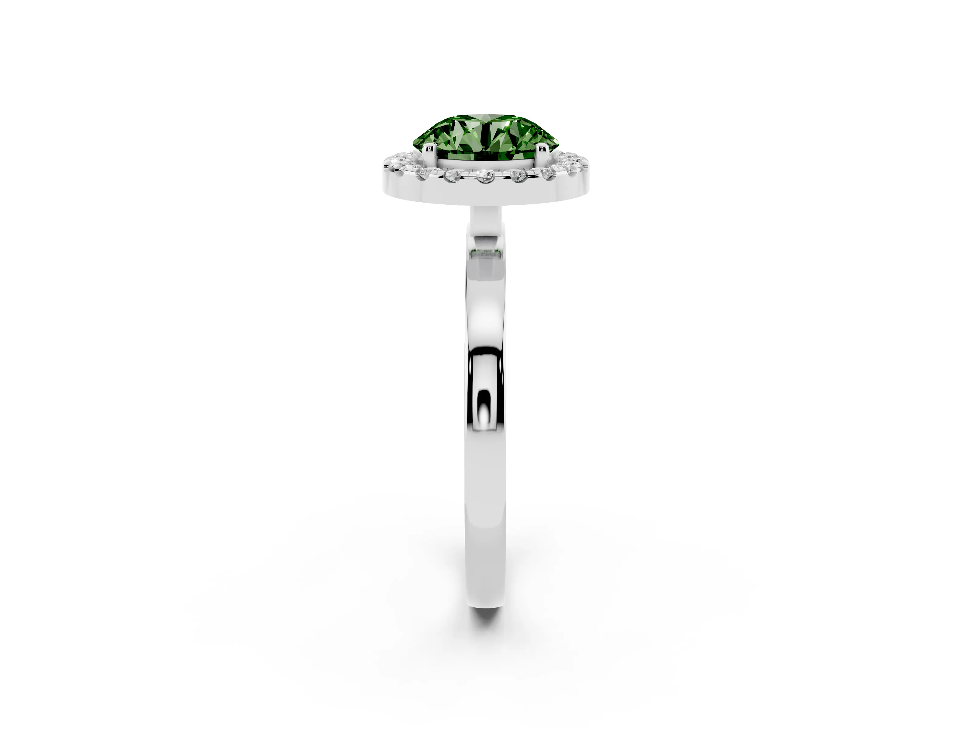 Fancy Green Round Cut Diamond Halo Solitaire Ring Set in Platinum with Pavé Band and Prong Setting