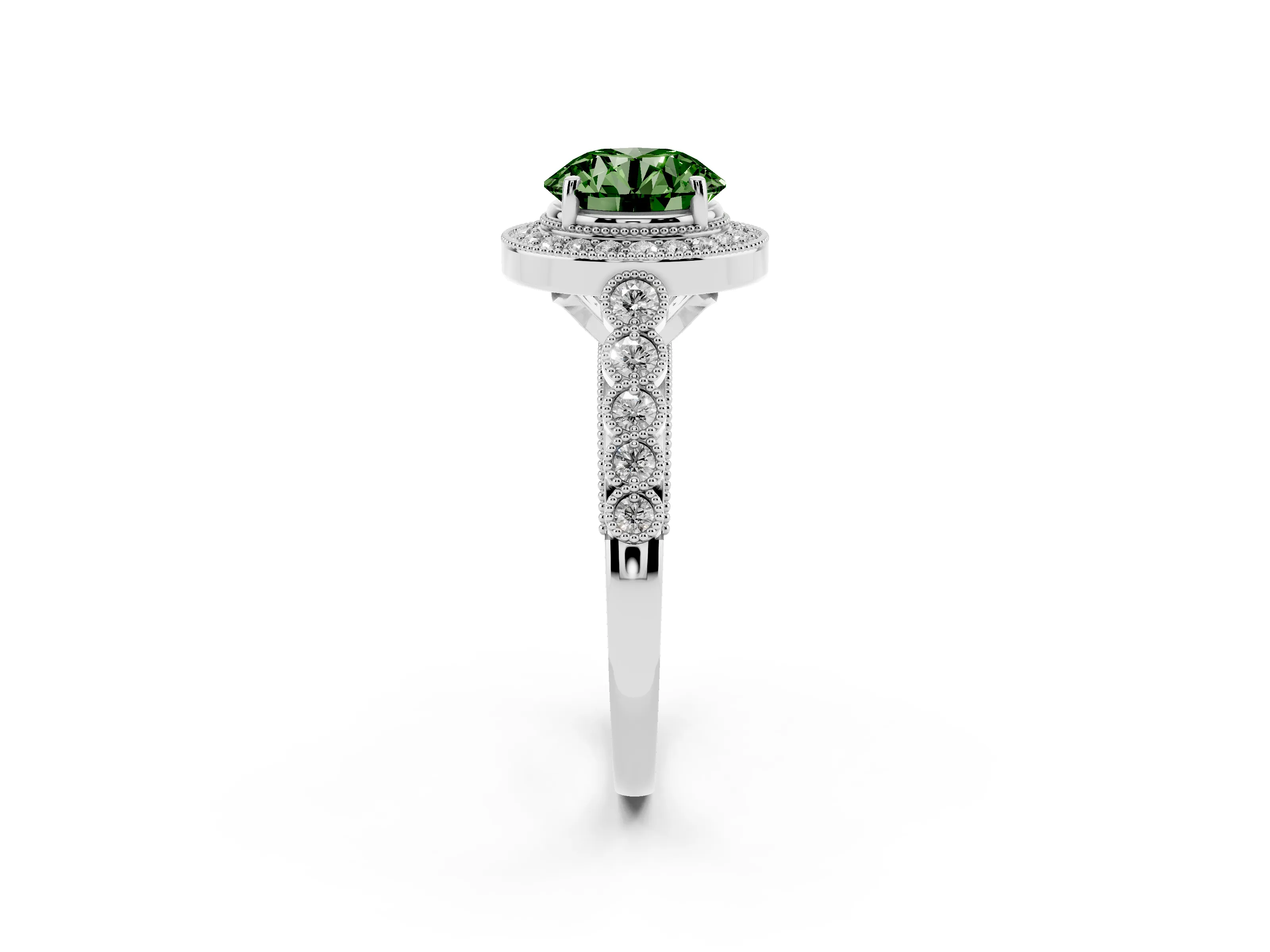 Fancy Green Round Cut Diamond Milgrain Halo Solitaire Ring Set in White gold with Bezel Set Side Stones and Pavé Band