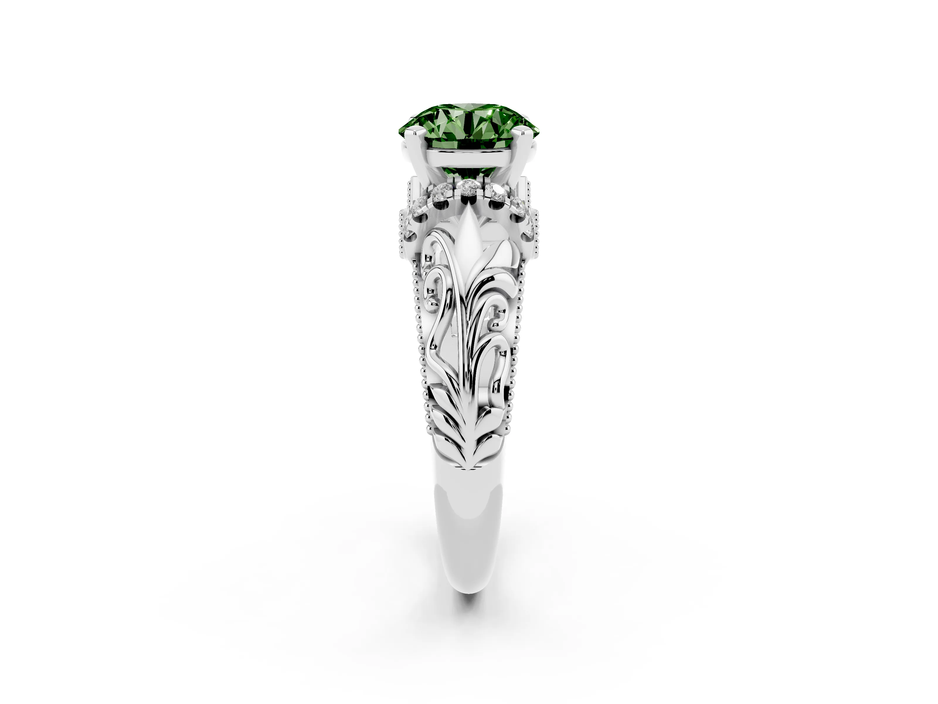Fancy Green Round Cut Diamond Filigree Halo Engagement Ring Set in Silver with Prong Setting