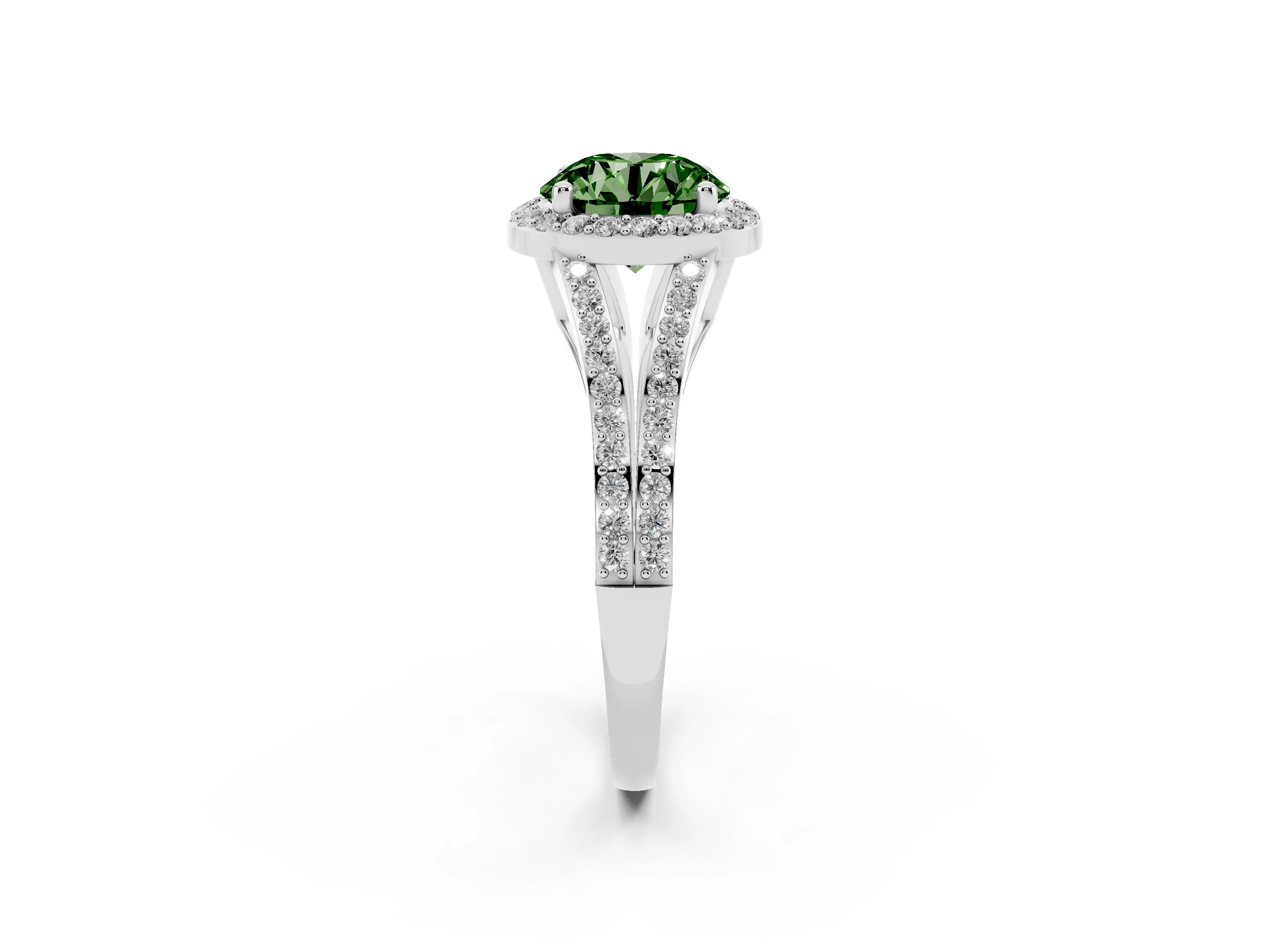 Fancy Green Round Cut Diamond Halo Split Shank Pavé Ring Set in Platinum with Prong Setting