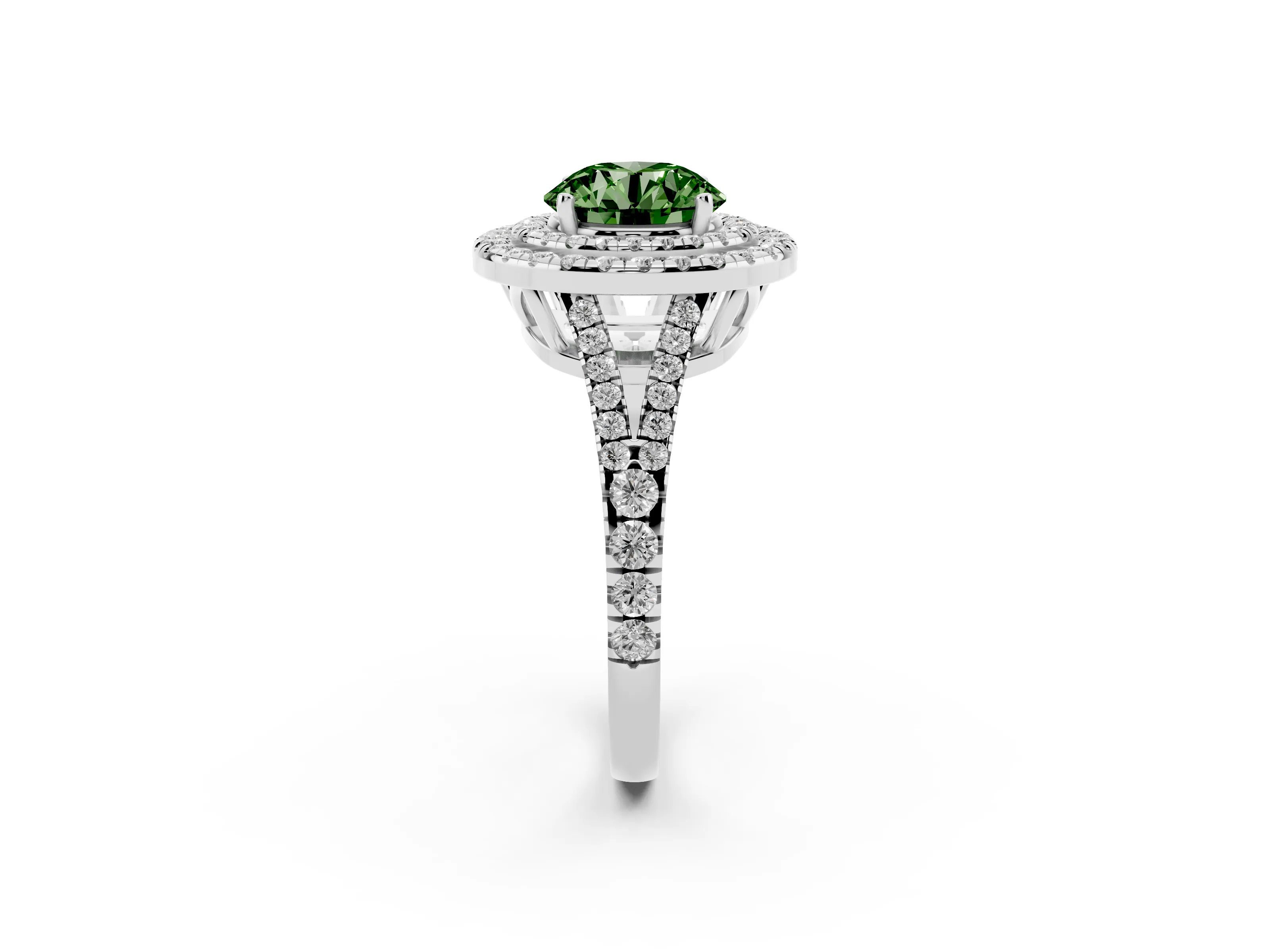 Fancy Green Round Cut Diamond Double Halo Ring Set in Platinum with Pavé Band