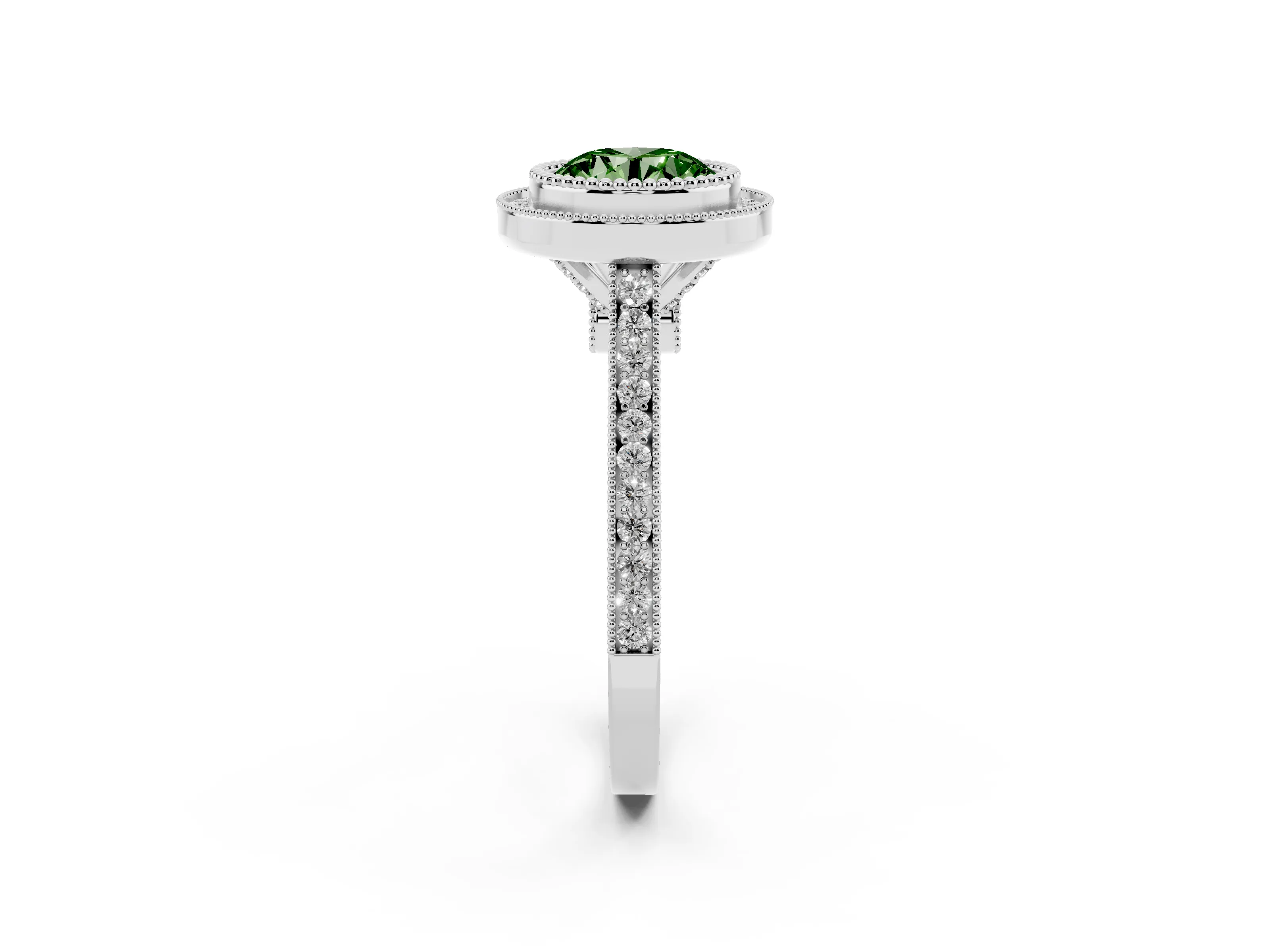 Fancy Green Round Cut Diamond Halo Ring Set in White gold with Milgrain Frame and Pavé Band
