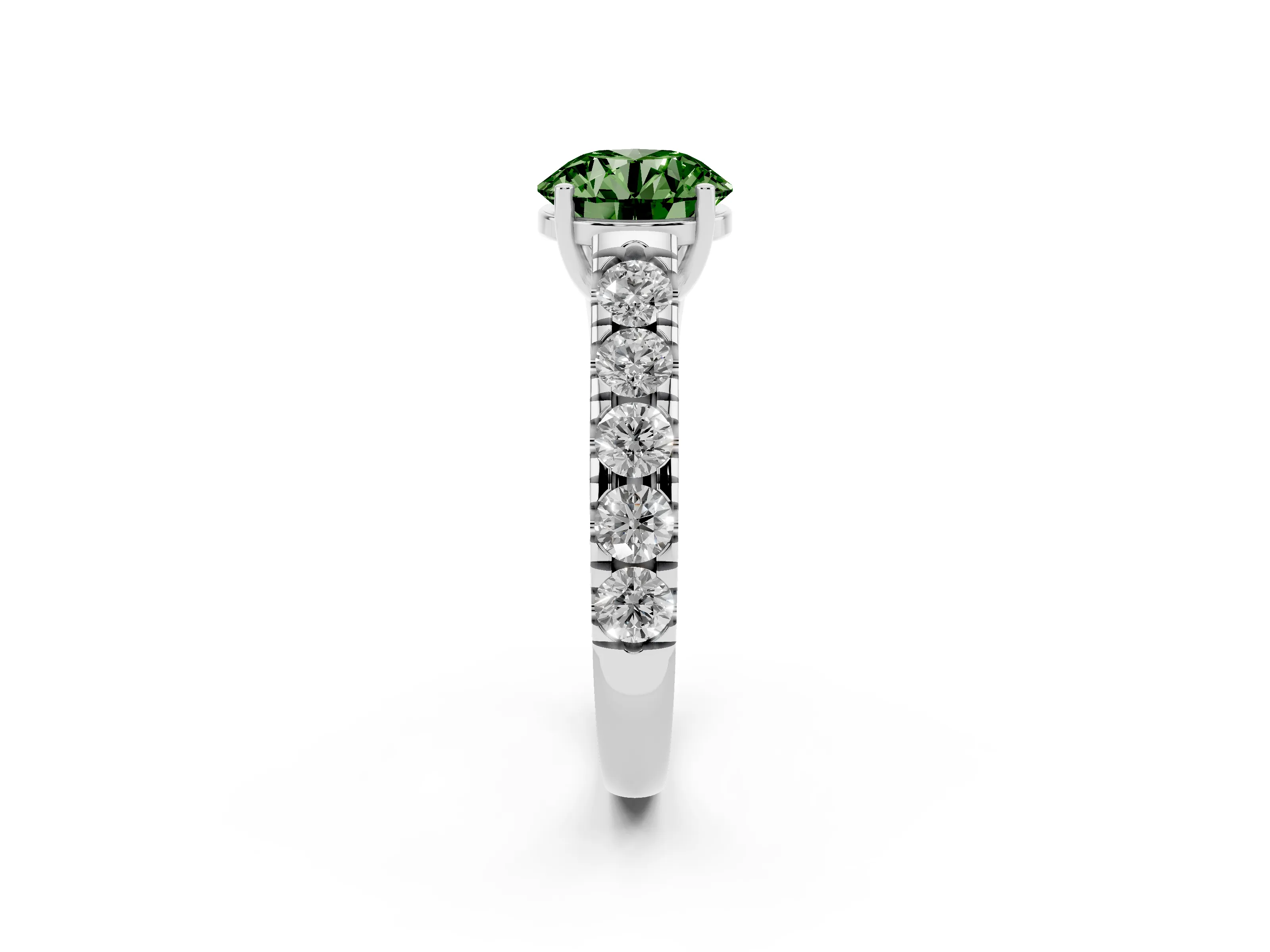 Fancy Green Round Cut Diamond Solitaire Ring Set in Platinum with Cut-Down Micro Pavé Band and Prong Setting