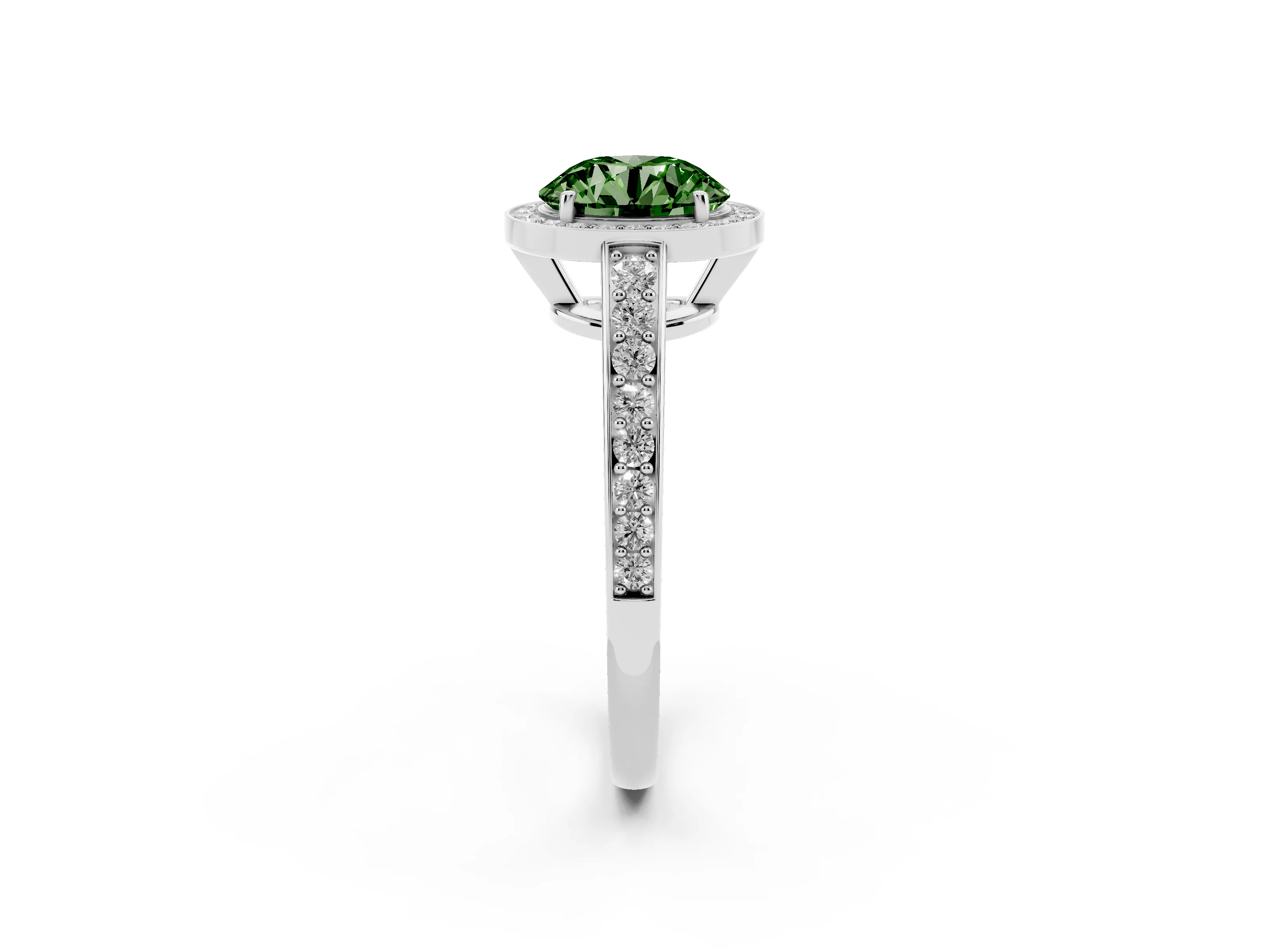 Fancy Green Round Cut Diamond Halo Pavé Engagement Ring Set in Silver with Bezel Setting