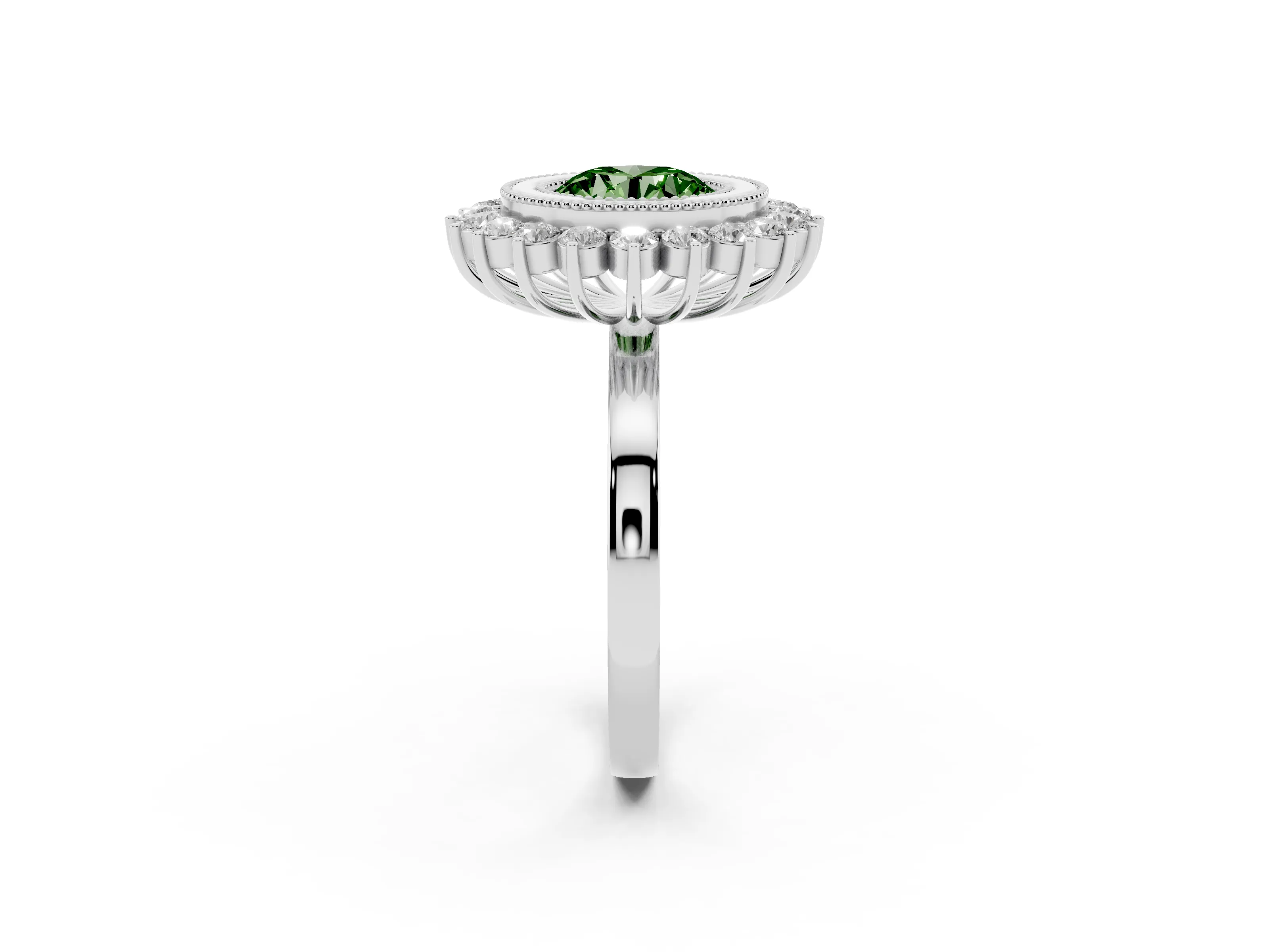 Fancy Green Round Cut Diamond Halo Ring Set in Silver with Milgrain Edge and Round Prong Setting