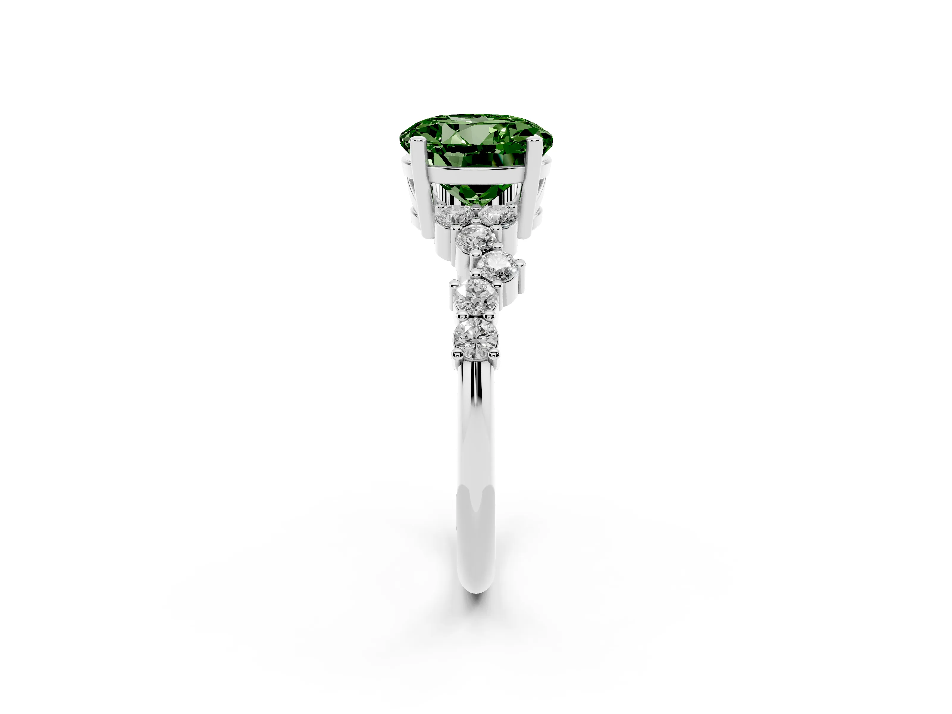 Fancy Green Round Cut Diamond Ring Set in White gold with Scattered Round Accents