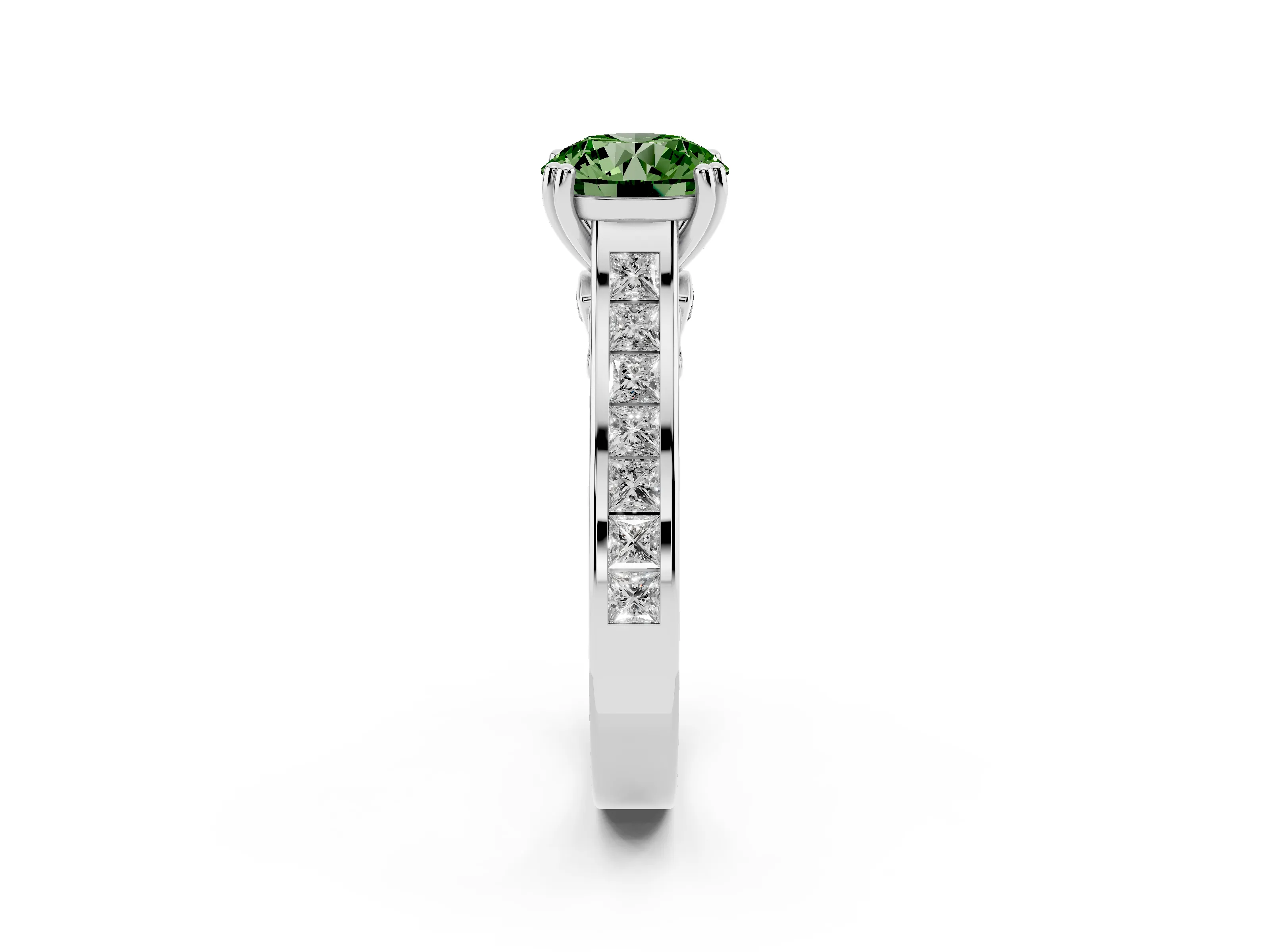 Fancy Green Round Cut Diamond Channel Set Solitaire Engagement Ring Set in Silver with Prong Setting
