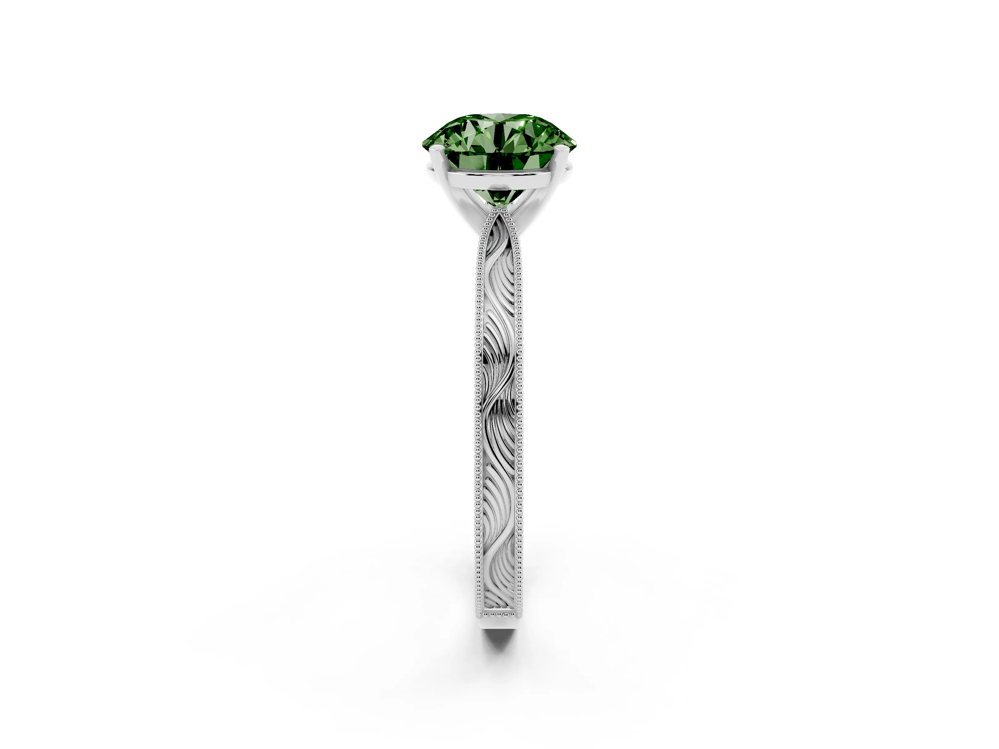 Fancy Green Round Cut Diamond Solitaire Milgrain Engraved Band Set in Platinum with Prong Setting