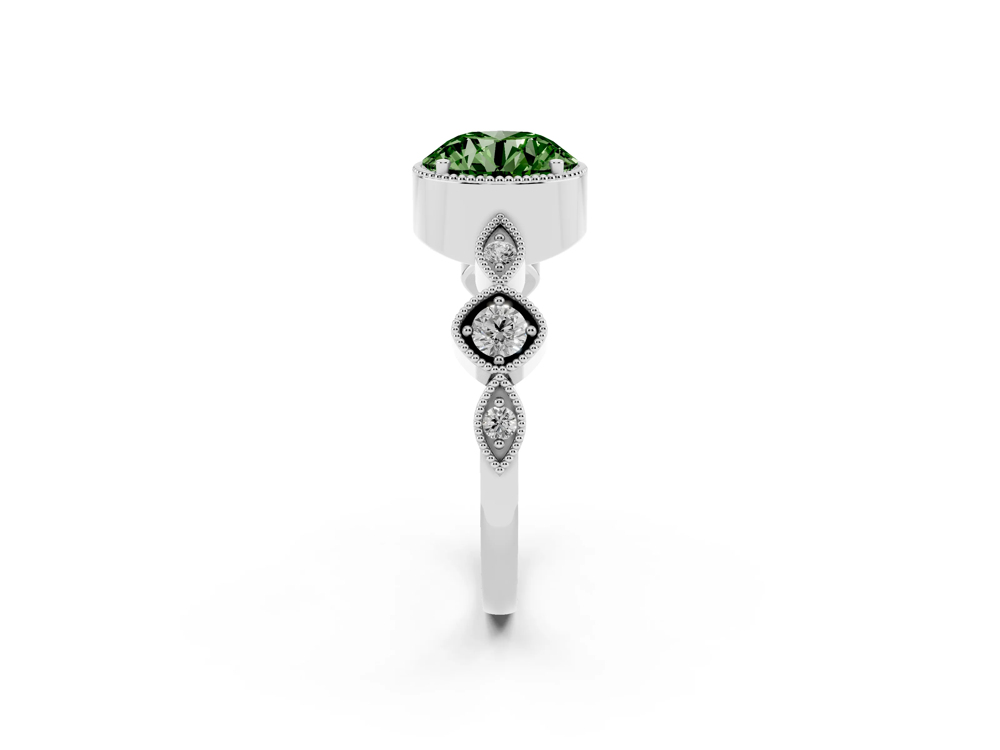 Fancy Green Round Cut Diamond Vintage-Inspired Milgrain Ring Set in Platinum with Marquise Stations of Round Accents