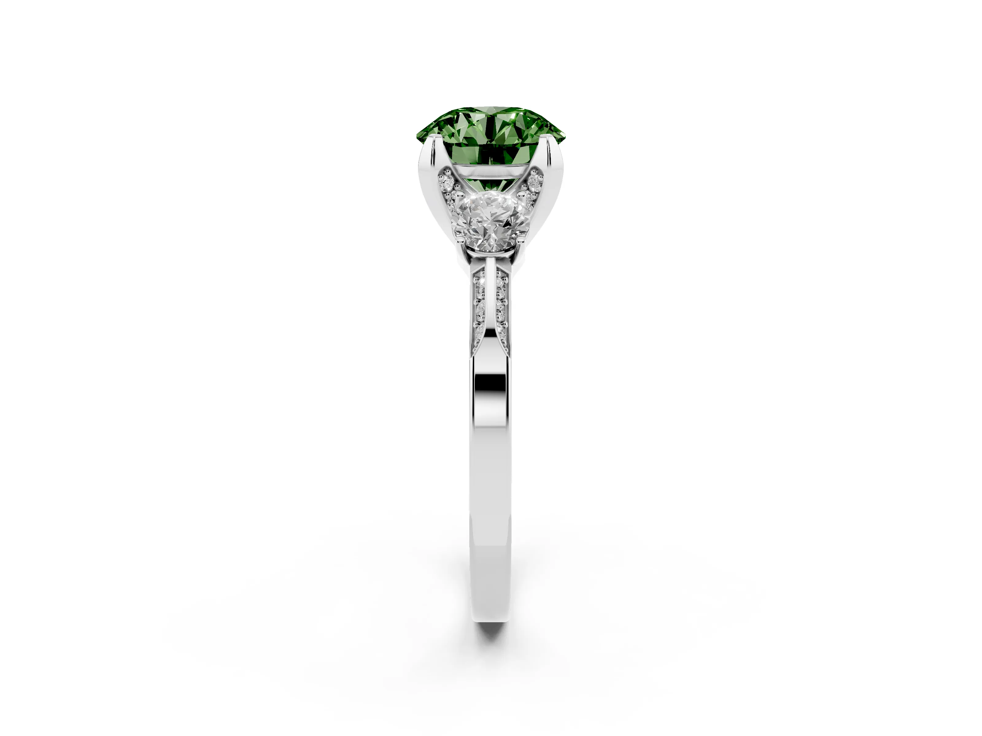 Fancy Green Round Cut Diamond Three-Stone Ring Set in Platinum with Pavé Band and Smaller Side Stones