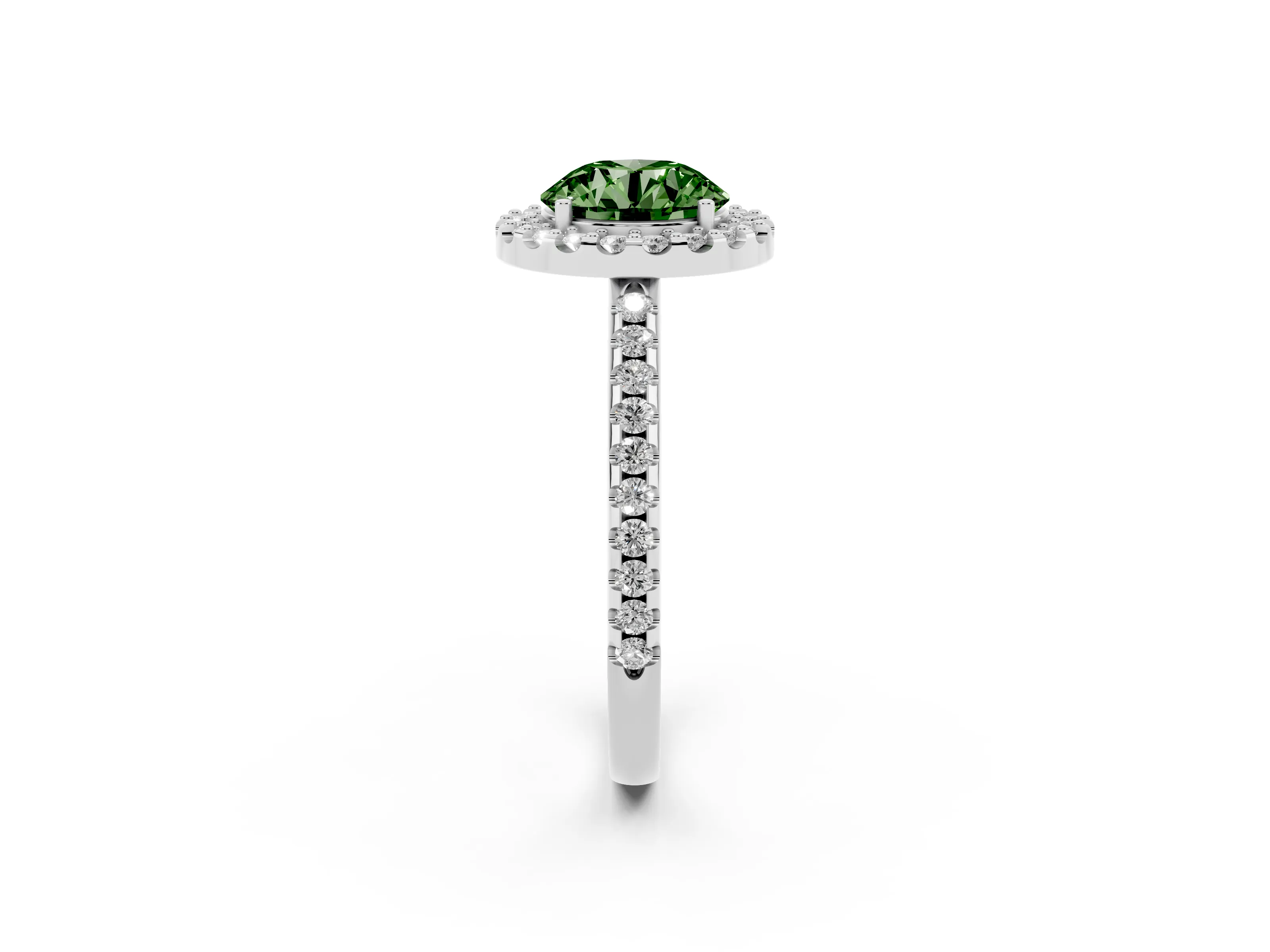 Fancy Green Round Cut Diamond Pavé Halo Ring Set in Silver with Prong Setting