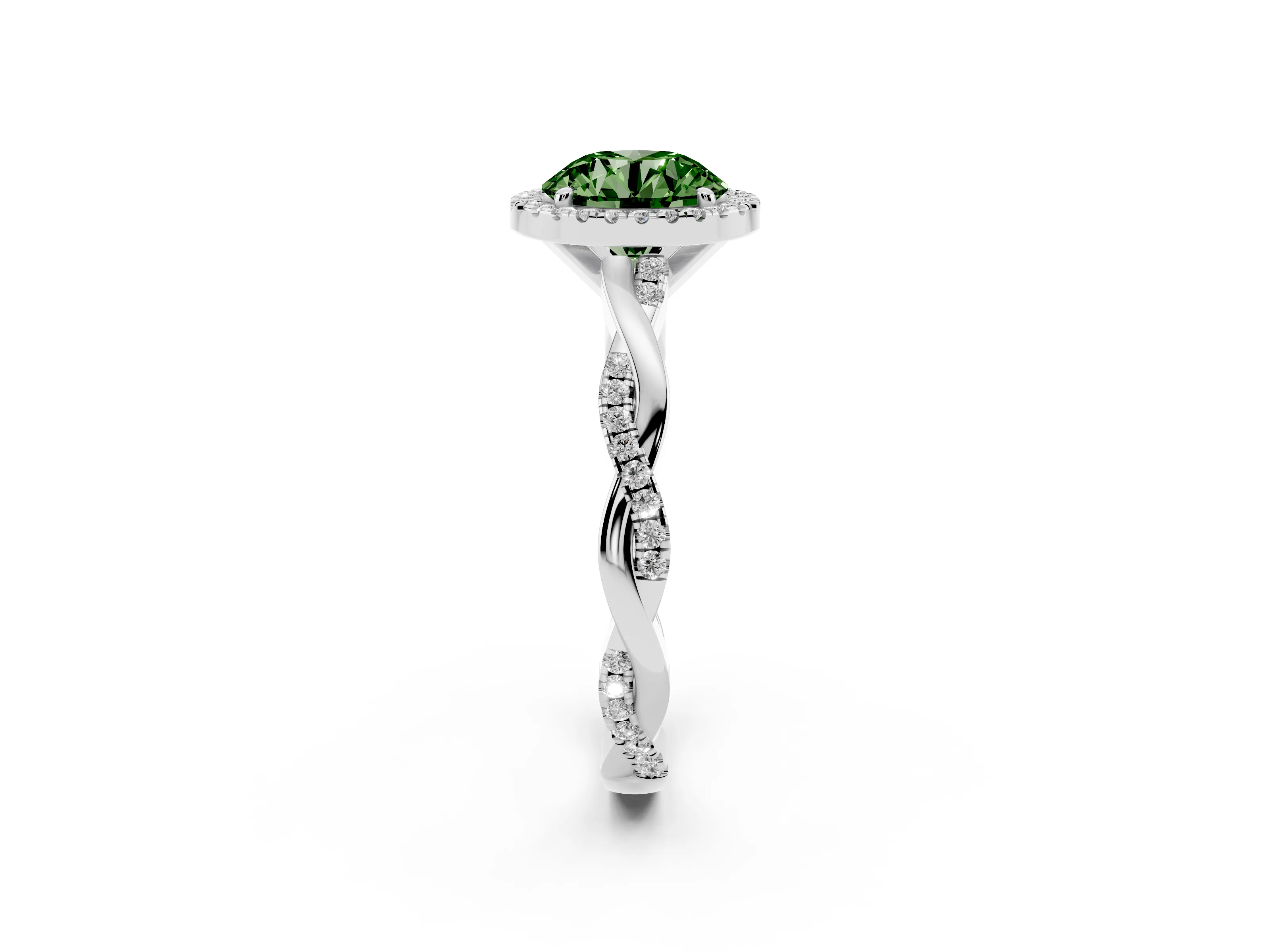 Fancy Green Round Cut Diamond Halo Twisted Band Ring Set in White gold with Prong Setting