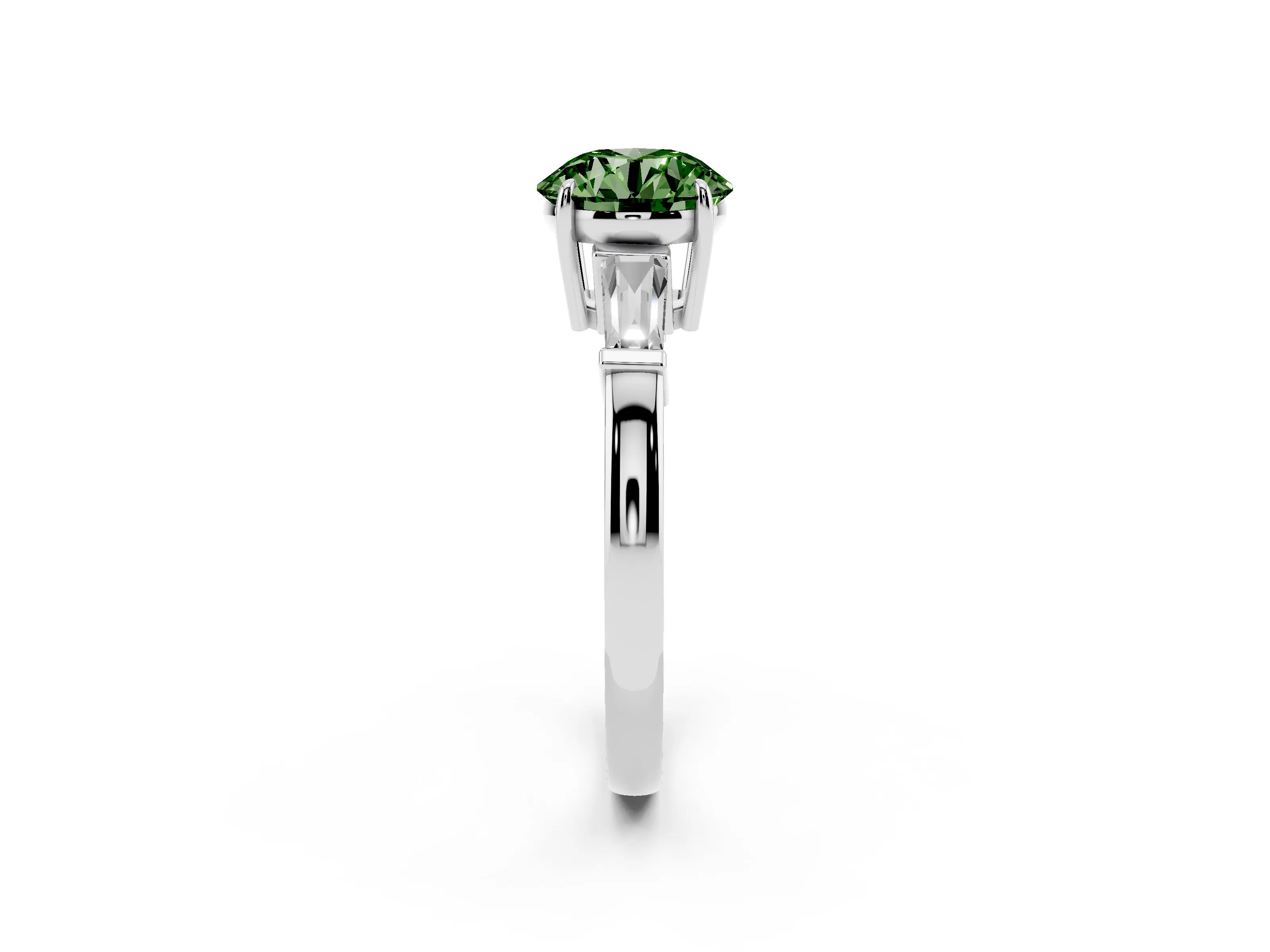 Fancy Green Round Cut Diamond Three-Stone Ring Set in White gold with Tapered Baguette Side Stones and Prong Setting