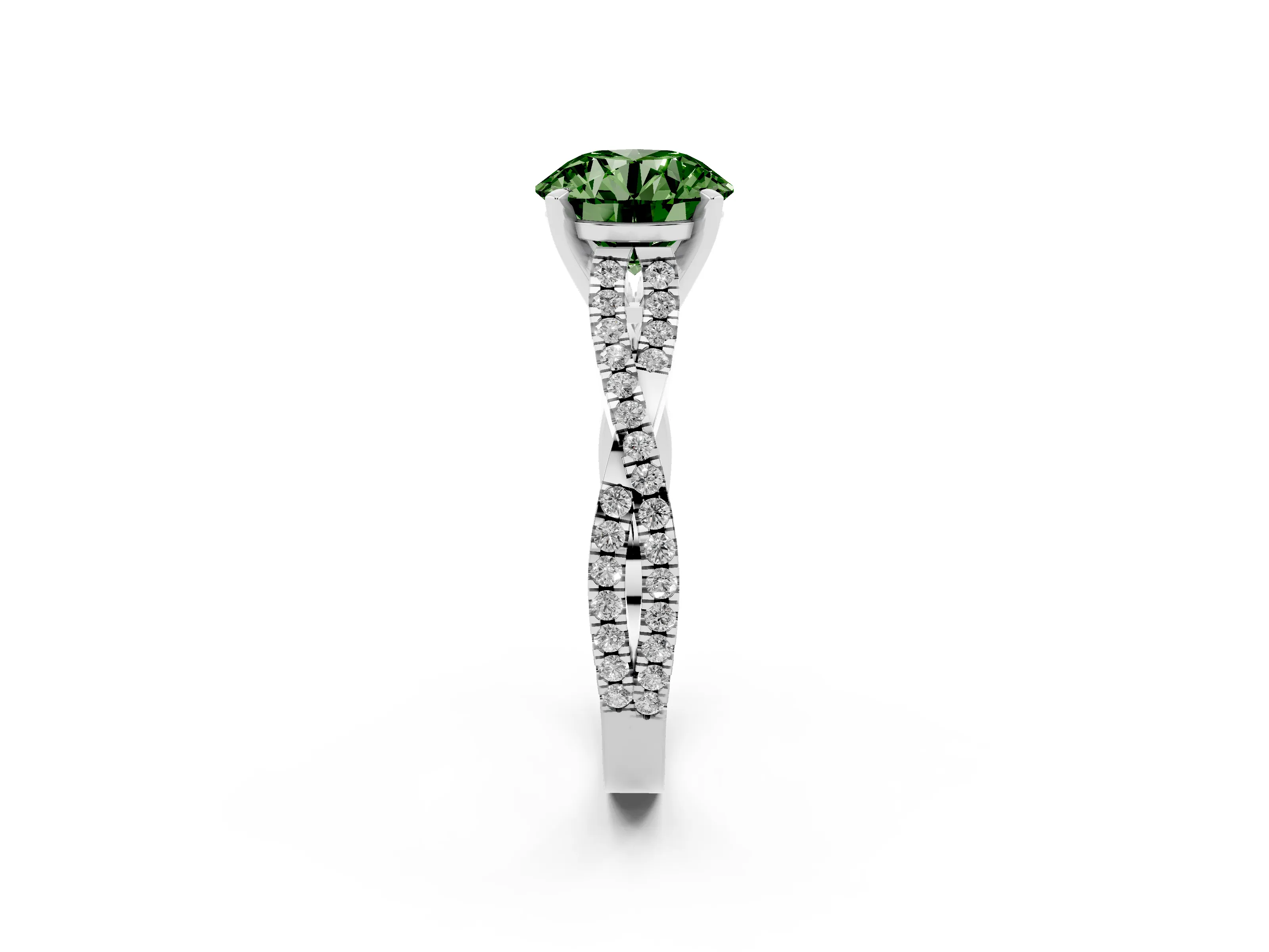 Fancy Green Round Cut Diamond Solitaire Engagement Ring Set in Platinum with Twisted Pavé Band and Prong Setting