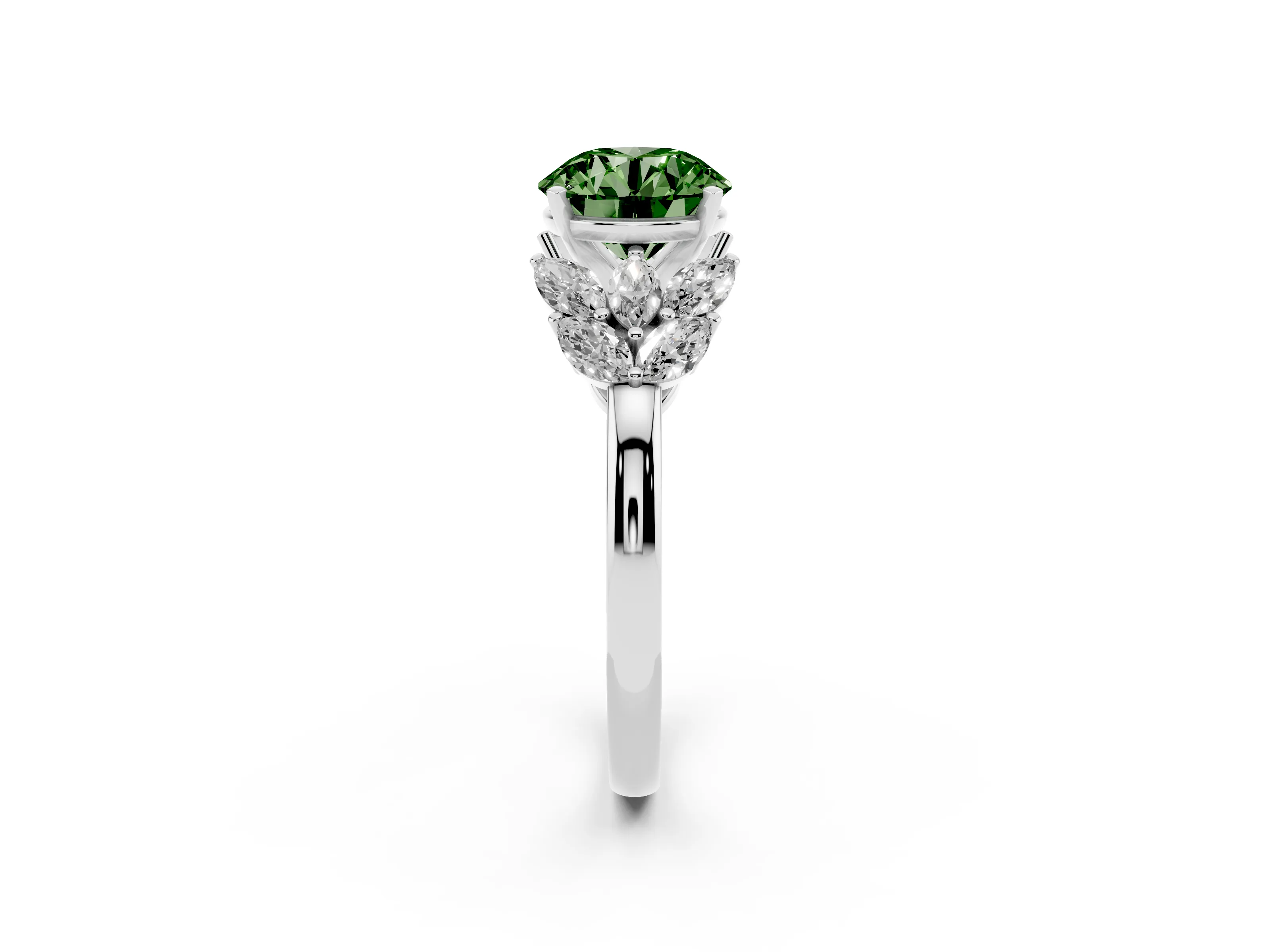 Fancy Green Round Cut Diamond Cluster Leaf Design Ring Set in Silver with Prong Setting