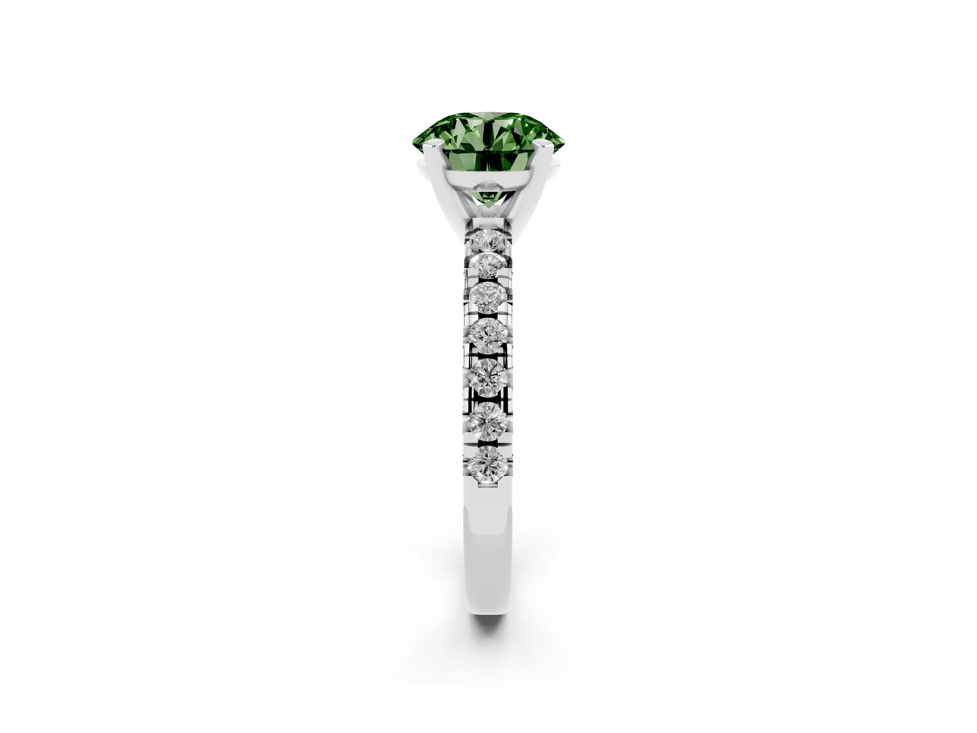 Fancy Green Round Cut Diamond Solitaire Pavé Engagement Ring Set in Silver with Round Band and Prong Setting