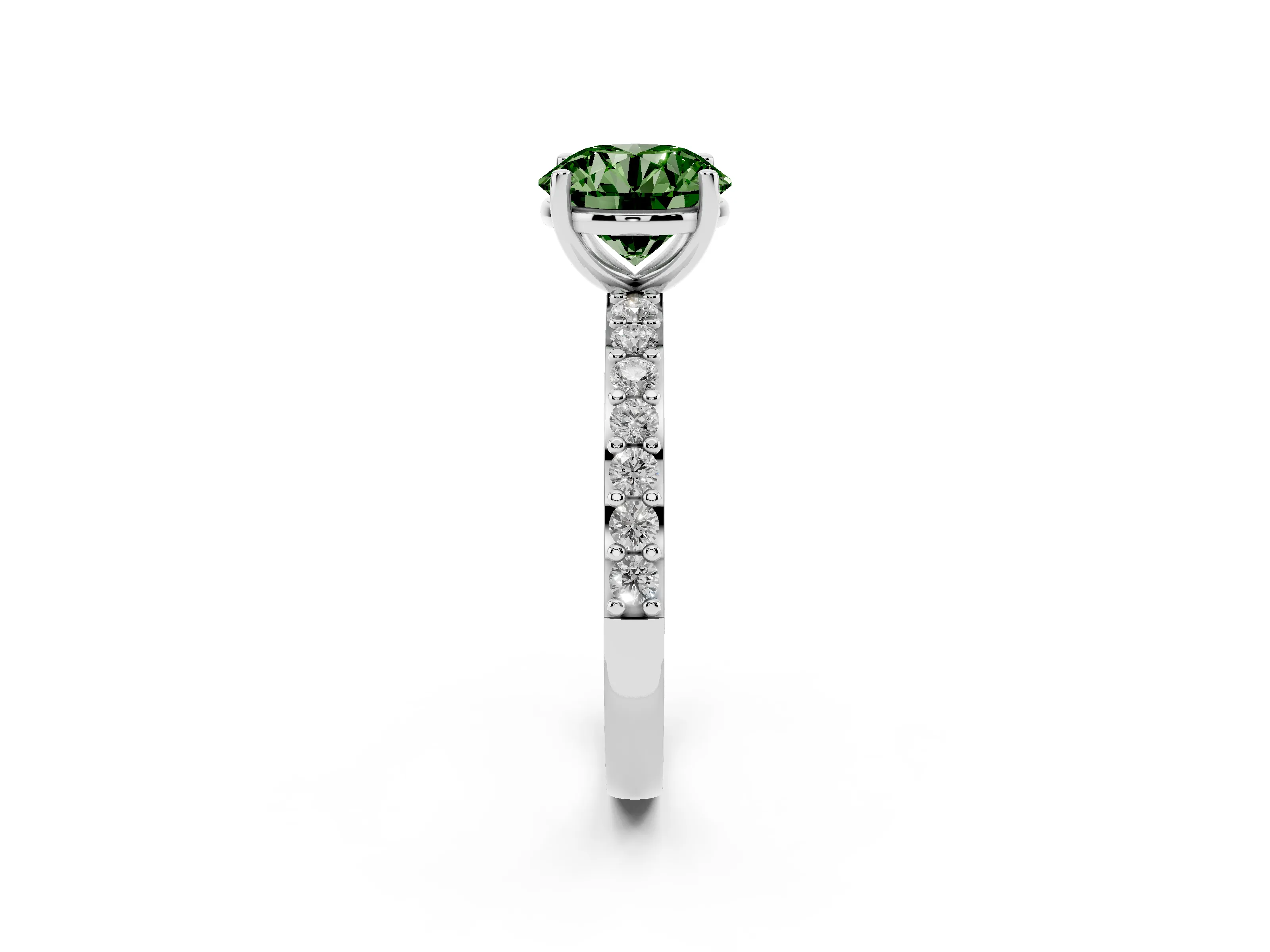 Fancy Green Round Cut Diamond Solitaire Set in Platinum with Round Pavé Band and Prong Setting
