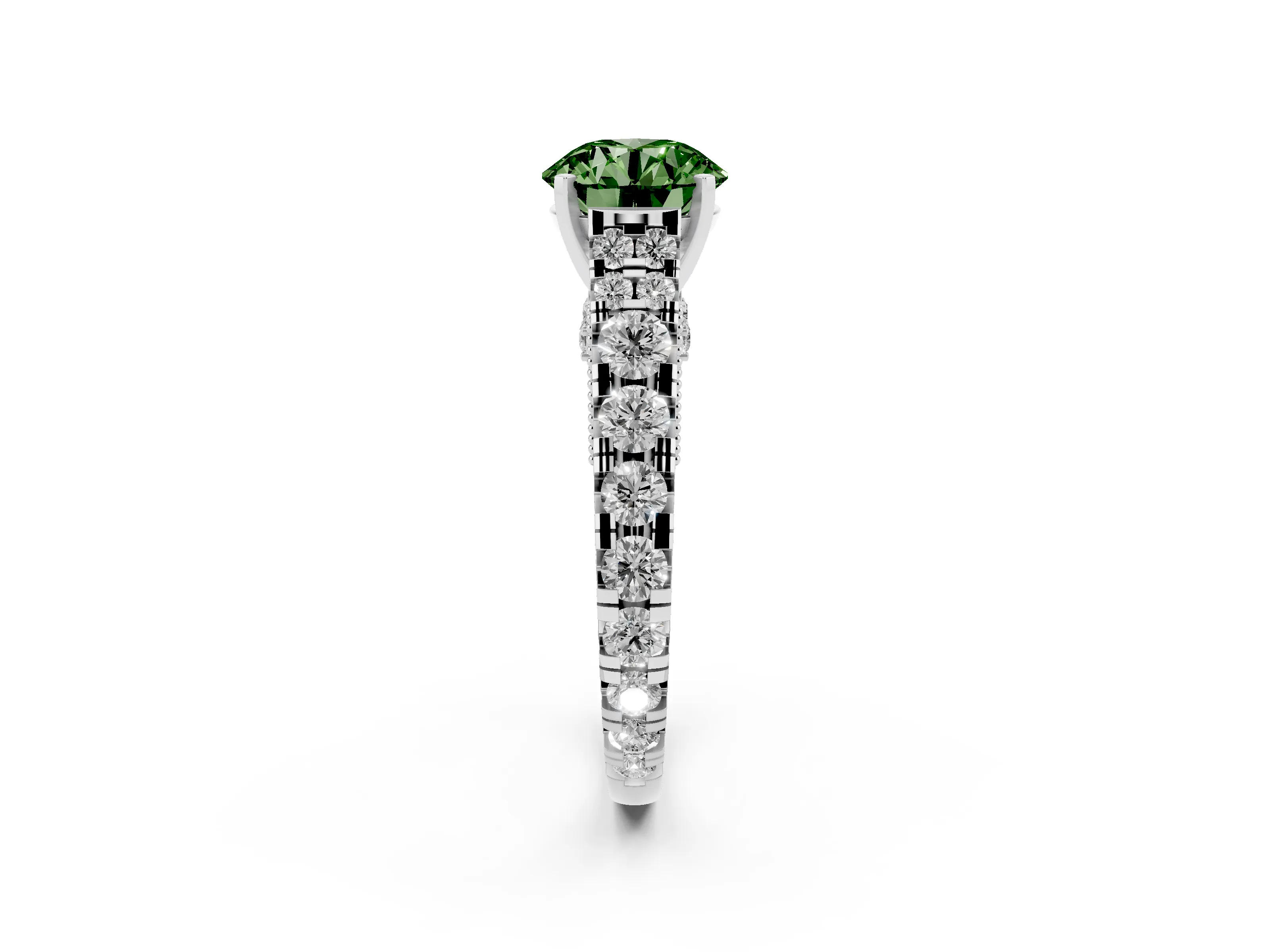Fancy Green Round Cut Diamond Classic Solitaire Ring Set in Platinum with Pavé Band and Prong Setting