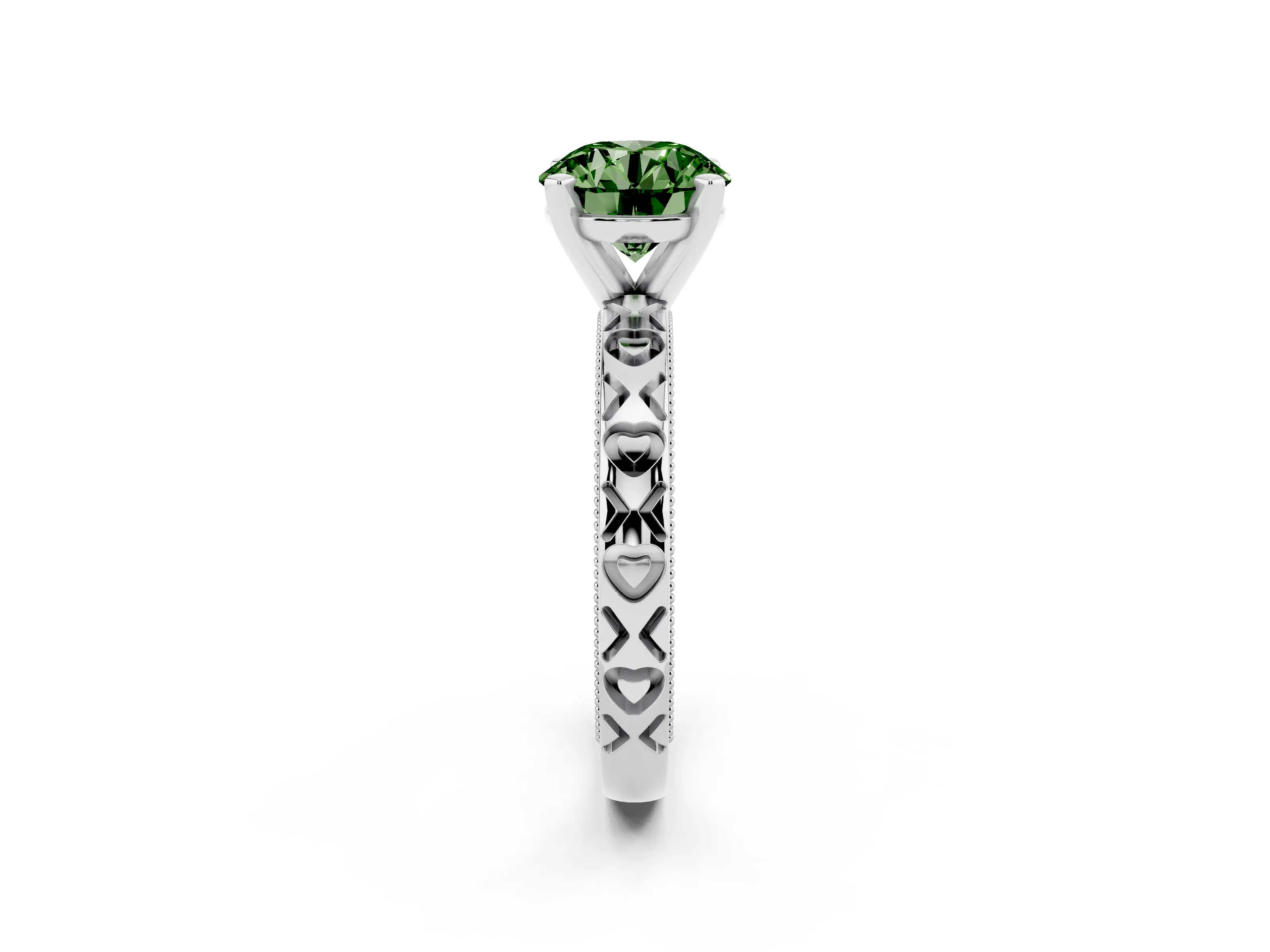 Fancy Green Round Cut Diamond Solitaire Engagement Ring Set in White gold with XO Engraved Band and Prong Setting