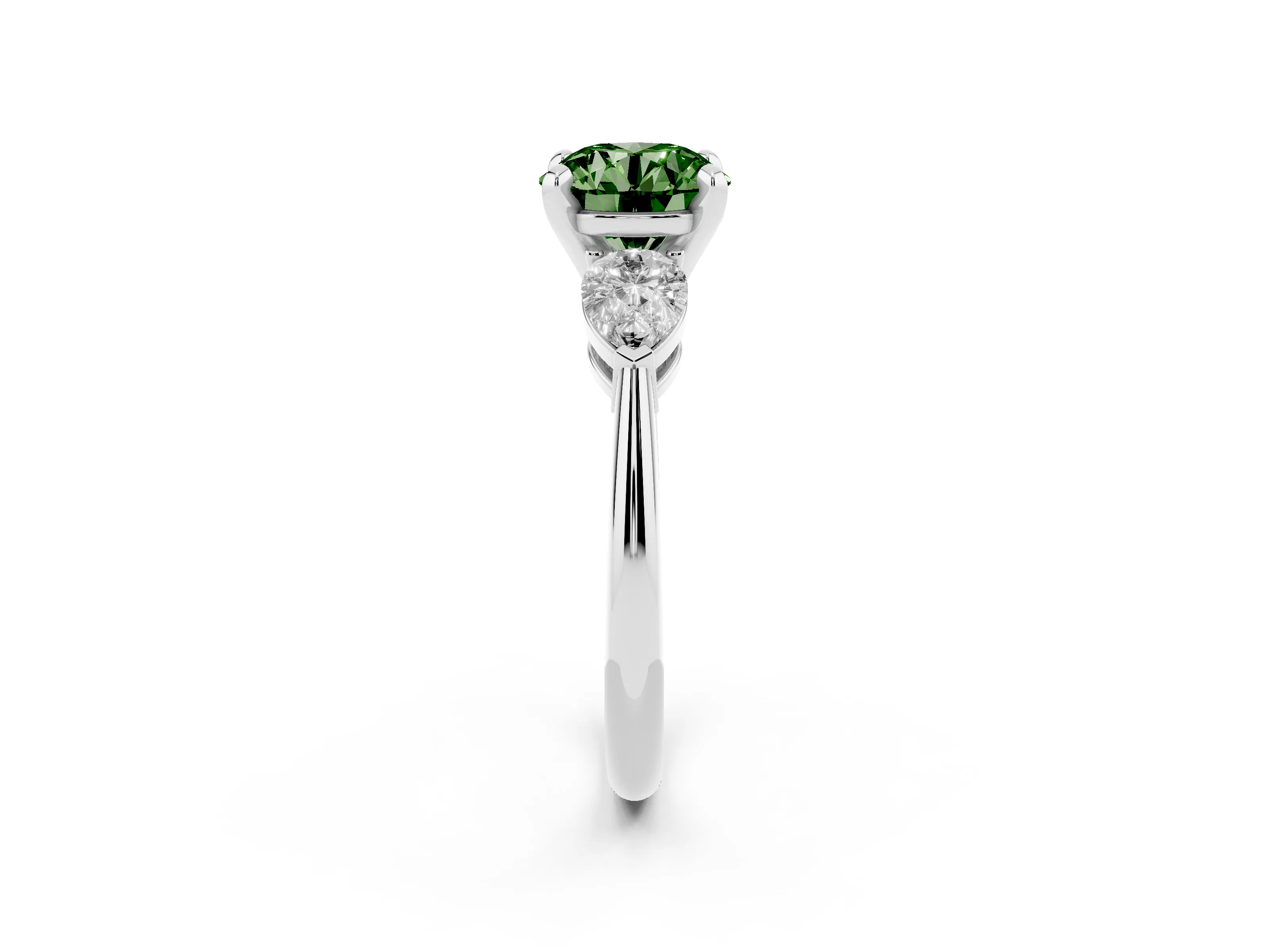 Fancy Green Three-Stone Round Cut Diamond Ring Set in Silver with Pear Side Stones and Prong Setting