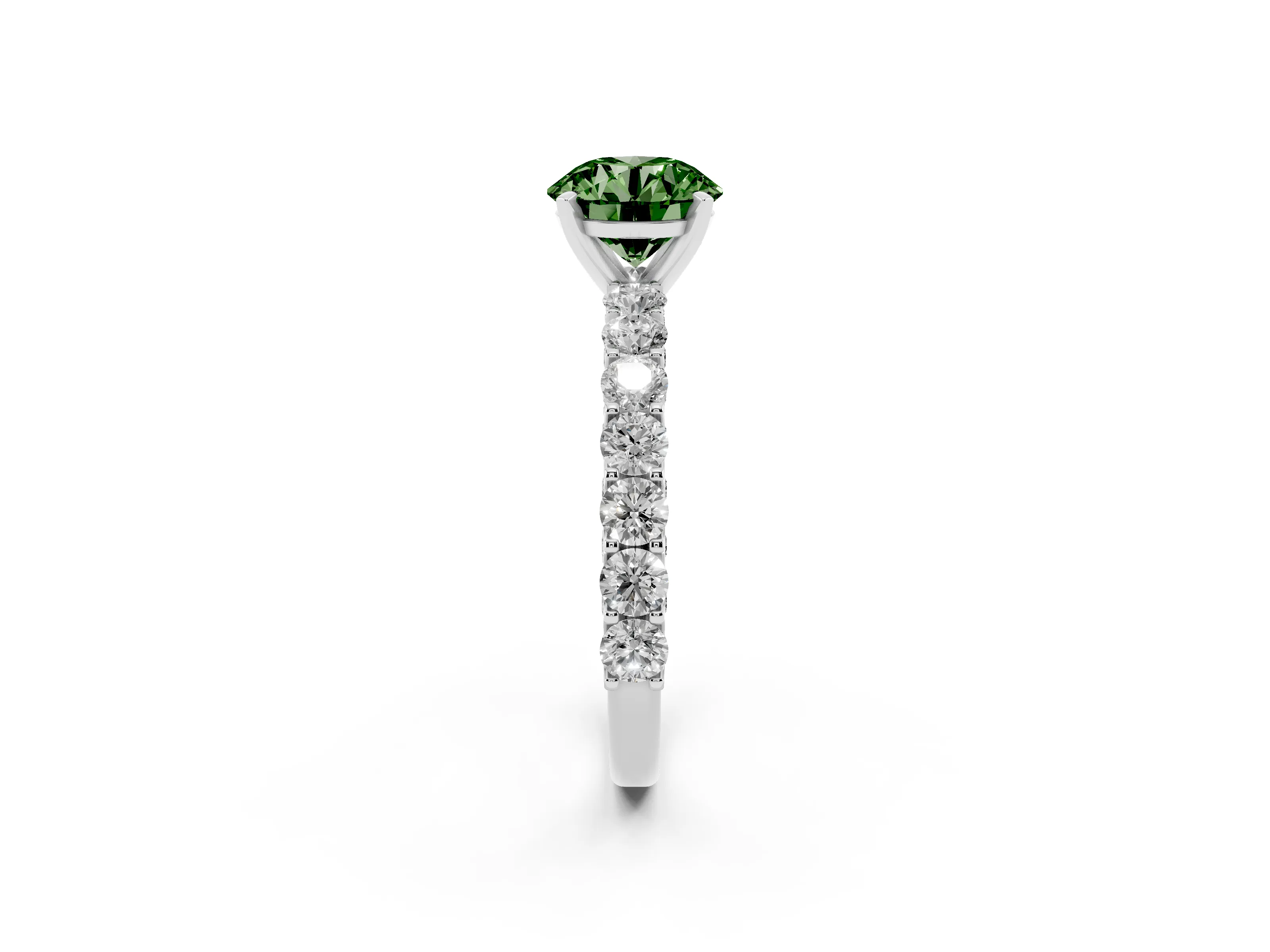 Fancy Green Round Cut Diamond Solitaire Ring Set in Silver with Shared Prong Pavé Band