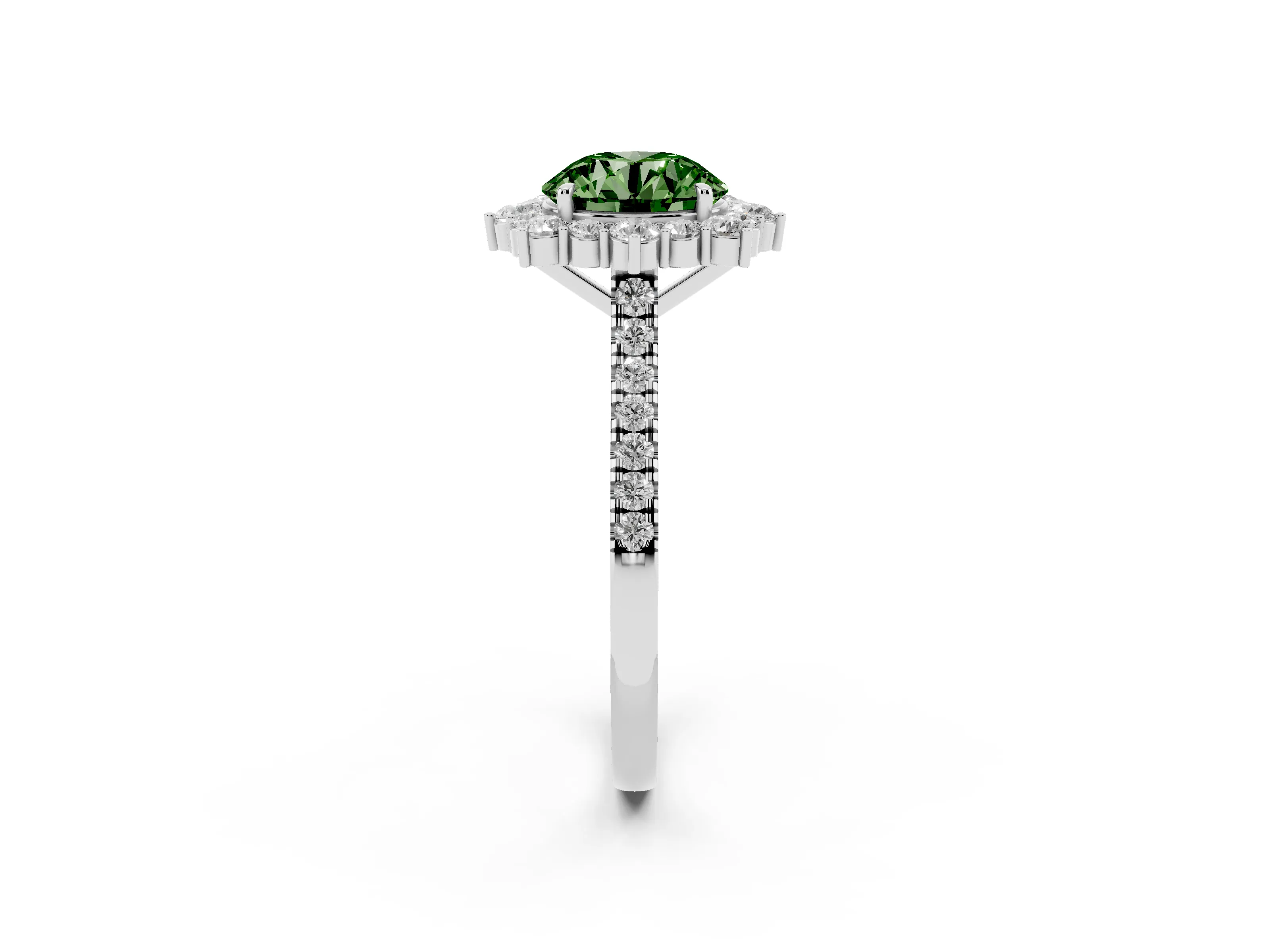 Fancy Green Round Cut Diamond Halo Ring Set in Silver with Pavé Band and Prong Setting