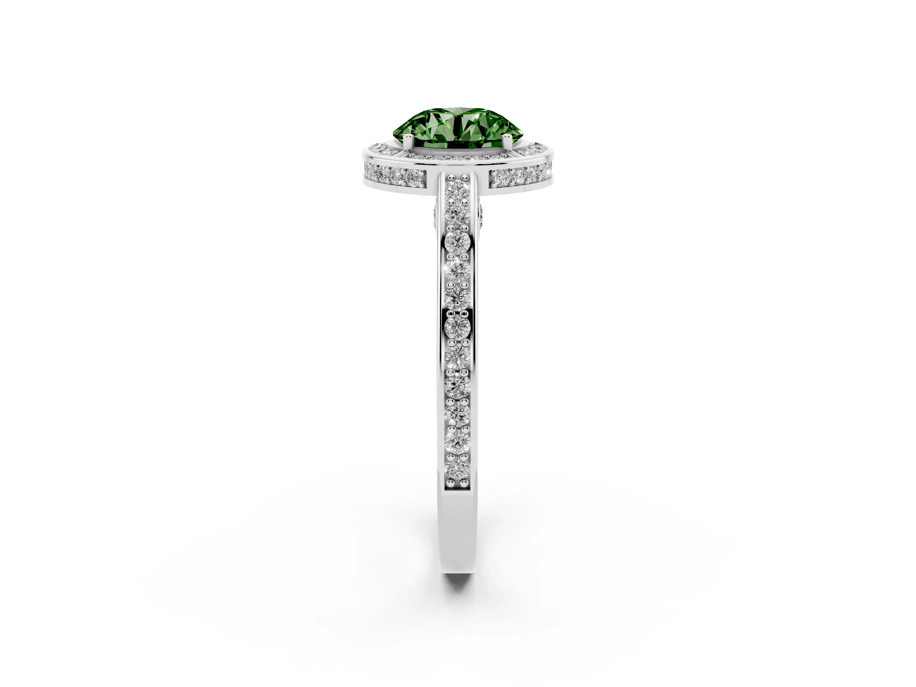 Fancy Green Round Cut Diamond Halo Pavé Split Shank Ring Set in White gold with Prong Setting