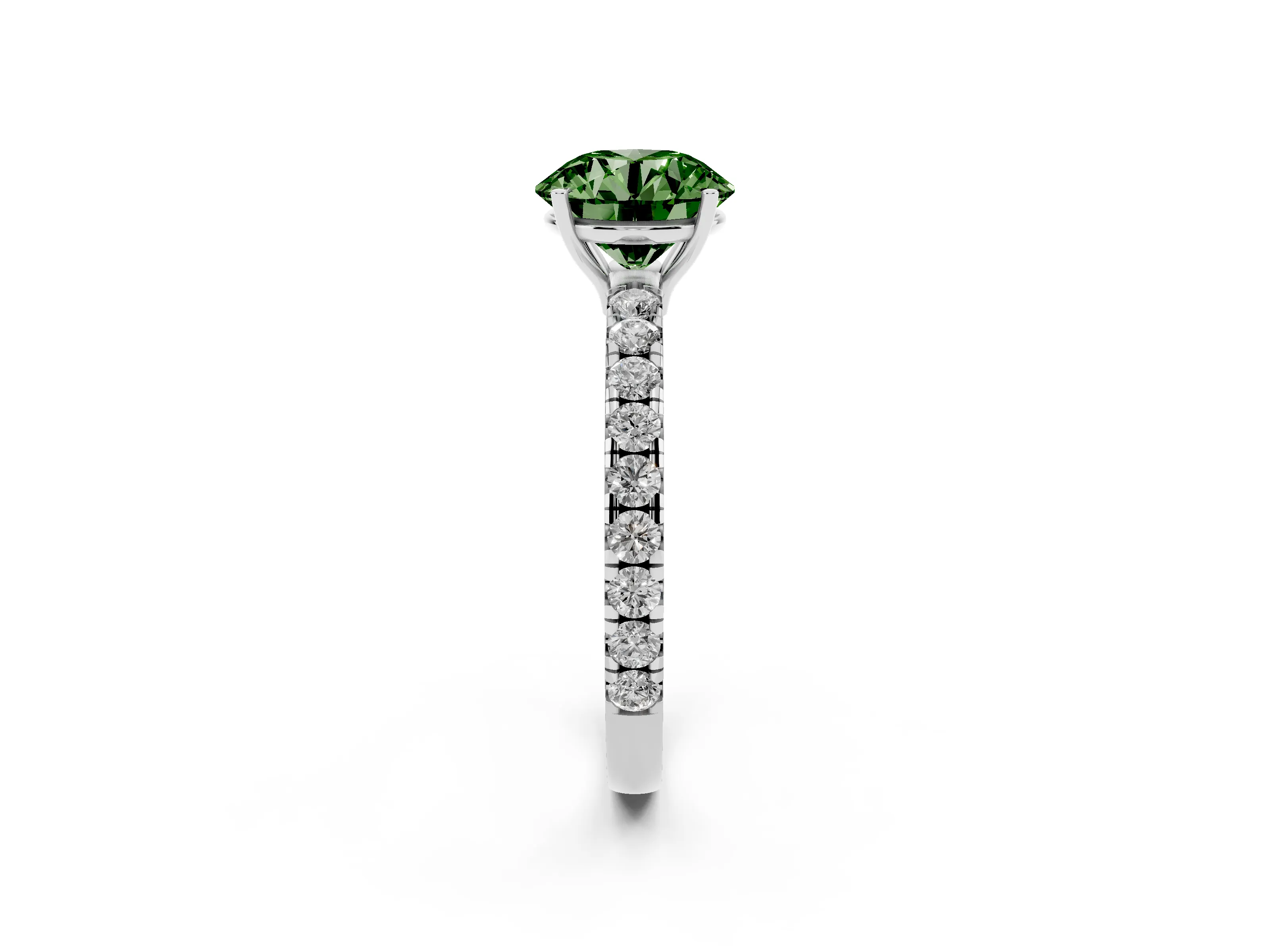 Fancy Green Round Cut Diamond Pavé Solitaire Engagement Ring Set in White gold with Prong Setting